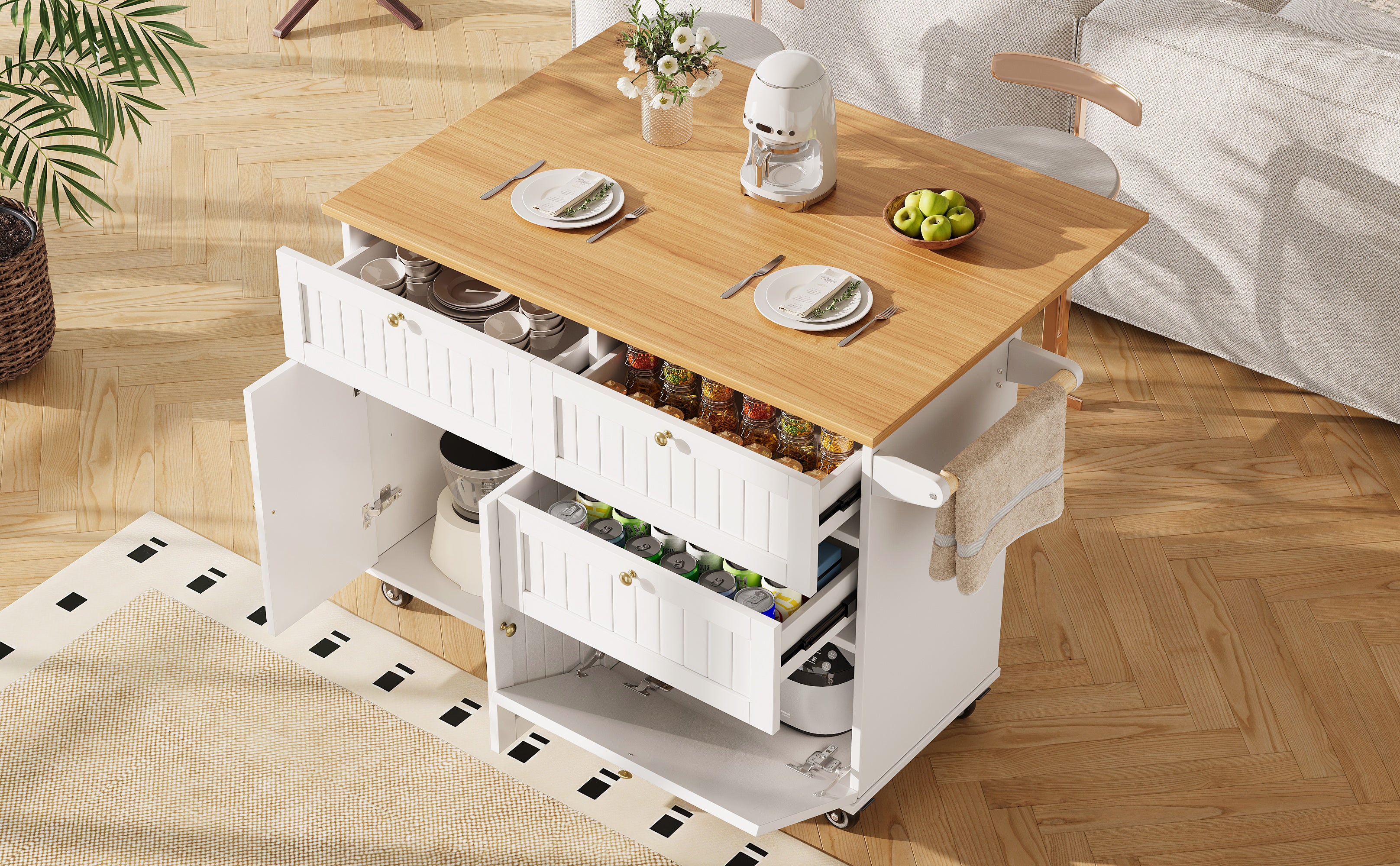 Îlot de cuisine, meuble de cuisine, meuble de salle à manger, chariot de salle à manger en grain de bois, table à manger multifonctionnelle, blanc - 3