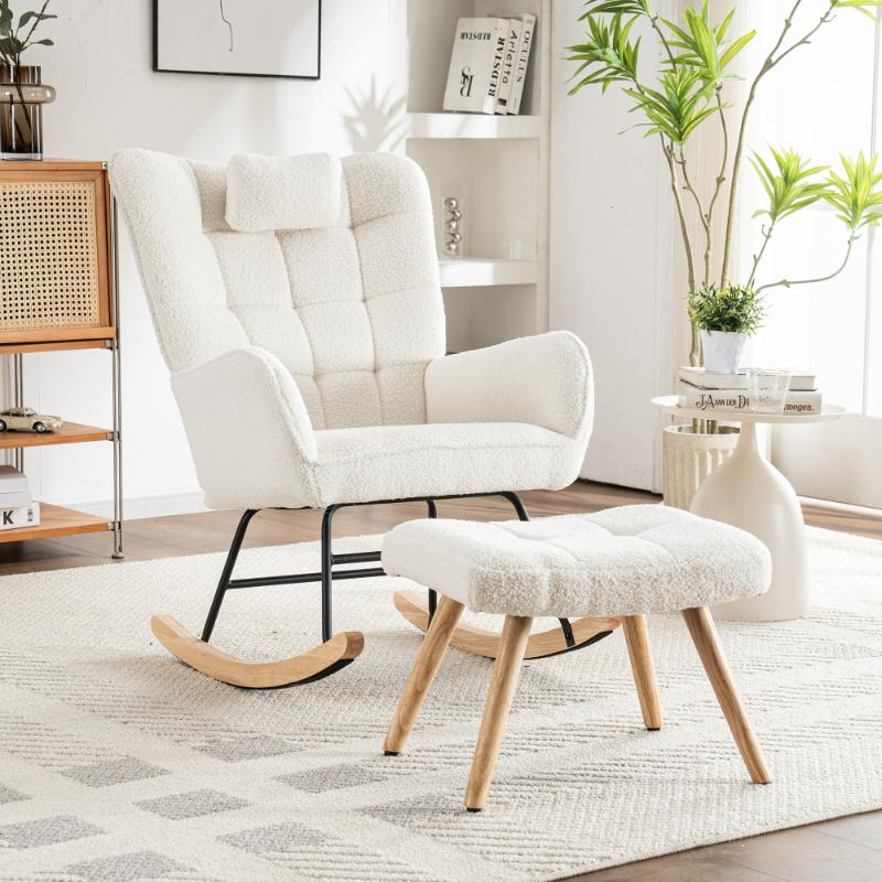 Cómoda silla mecedora blanca de 93 cm con reposapiés, cojín lumbar, estructura de madera de caucho, silla de relax