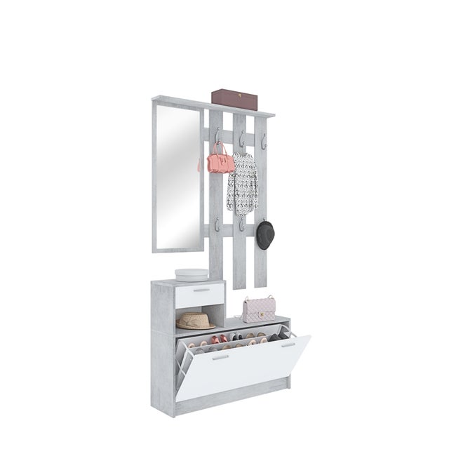 Mobile Belem Mobiletto da Ingresso con Scarpiera Appendiabiti e Specchio Arredo Arredamento Corridoio Entratina 97x35x25 cm Bianco e Grigio Cemento