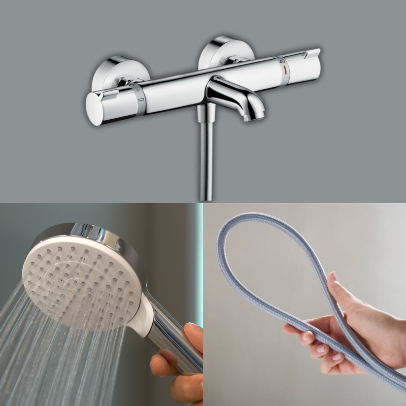 Pack mitigeur bain thermostatique HANSGROHE Ecostat Comfort + Flexible Designflex 1,6m + Pommeau Vernis Blend EcoSmart chromé - 2