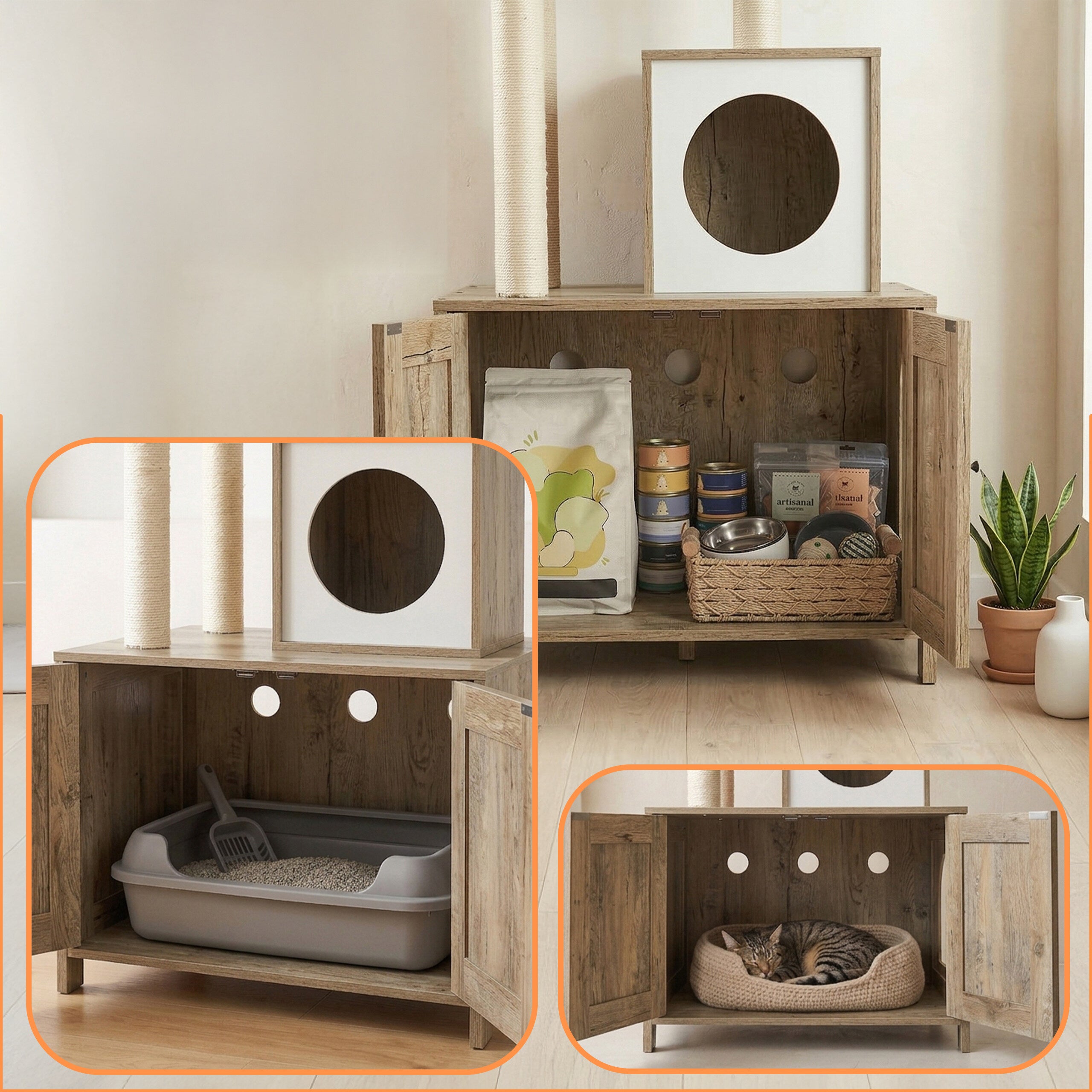 Árvore para gatos com armário para caixa de areia, 150 x 60 x 49 cm, postes de sisal e cama, efeito madeira branco, Relaxdays - 6