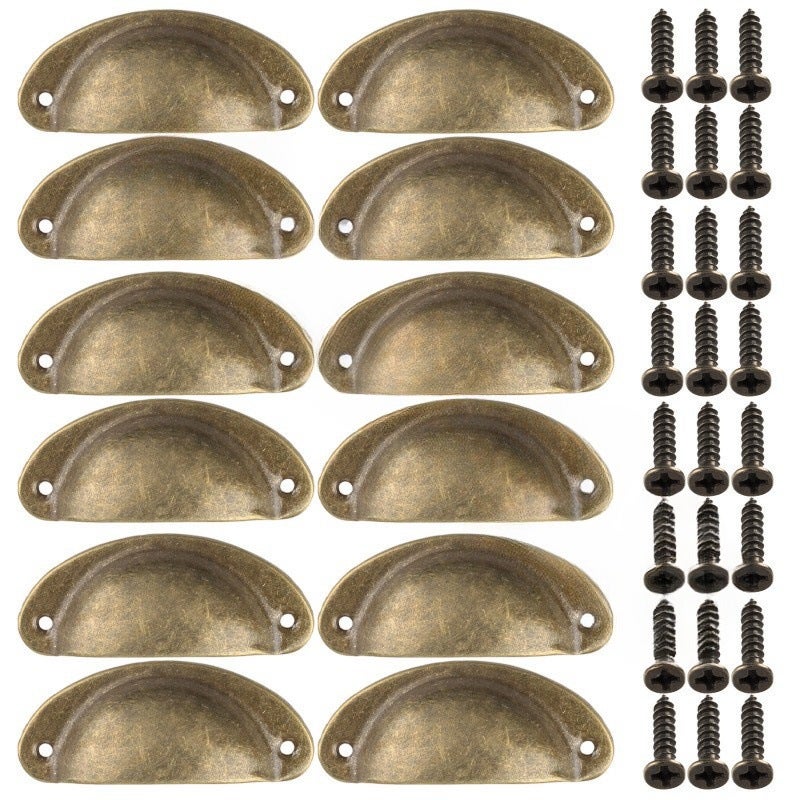 12 uchwytów Shell Cup, uchwyty do szuflad w stylu vintage Uchwyty, klamki i gałki do drzwi szafkowych, żółty brąz