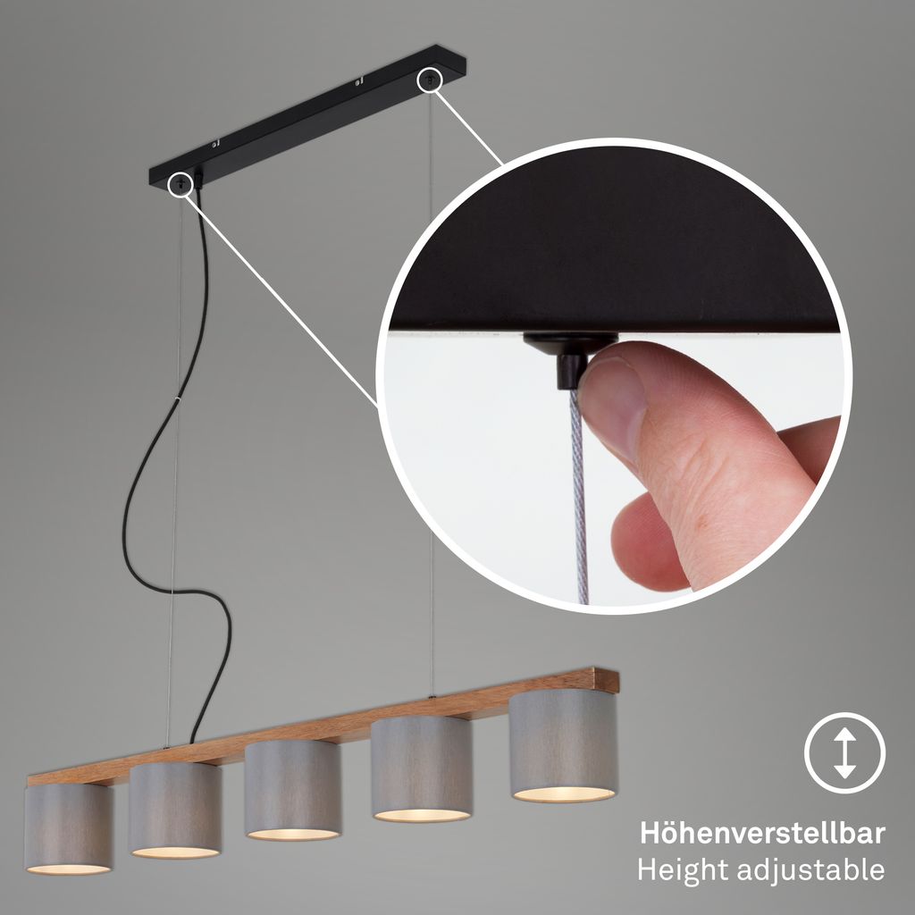 Lampe à suspendre BRILONER LEUCHTEN RHON, 25 W, IP20, gris, métal-bois-tissu, excl. 5x E14, 110 x 15 x 136 cm - 4