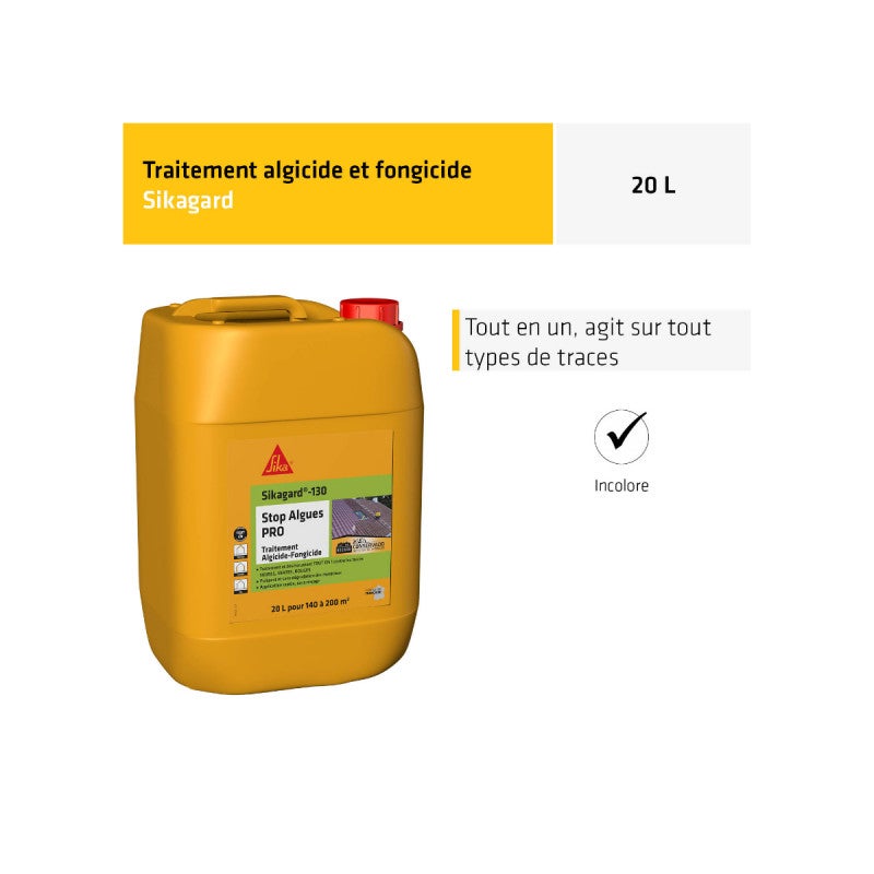 SIKA Stop Algues PRO Sikagard-130 - Algicide Bidon 20L - Anti mousse : toiture, terrasse, extérieur - 2