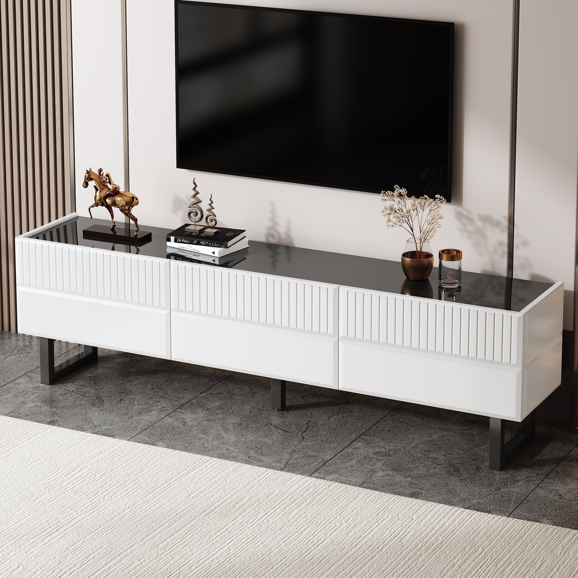 Stojak pod TV z 3 drzwiami - 170 x 35 x 47 cm - Płyta wiórowa, MDF i metalowe nogi - Czarny + biały - 4