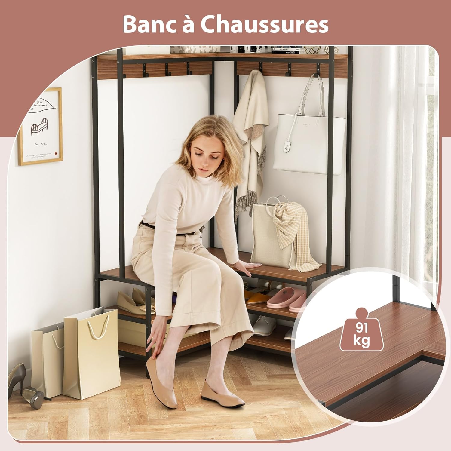 Stand Appendiabiti Angolare, Appendiabiti a Forma L con Ripiani Aperti 7 Ganci e Panca per Scarpe, Struttura in Metallo e Piedini Regolabili, - 4