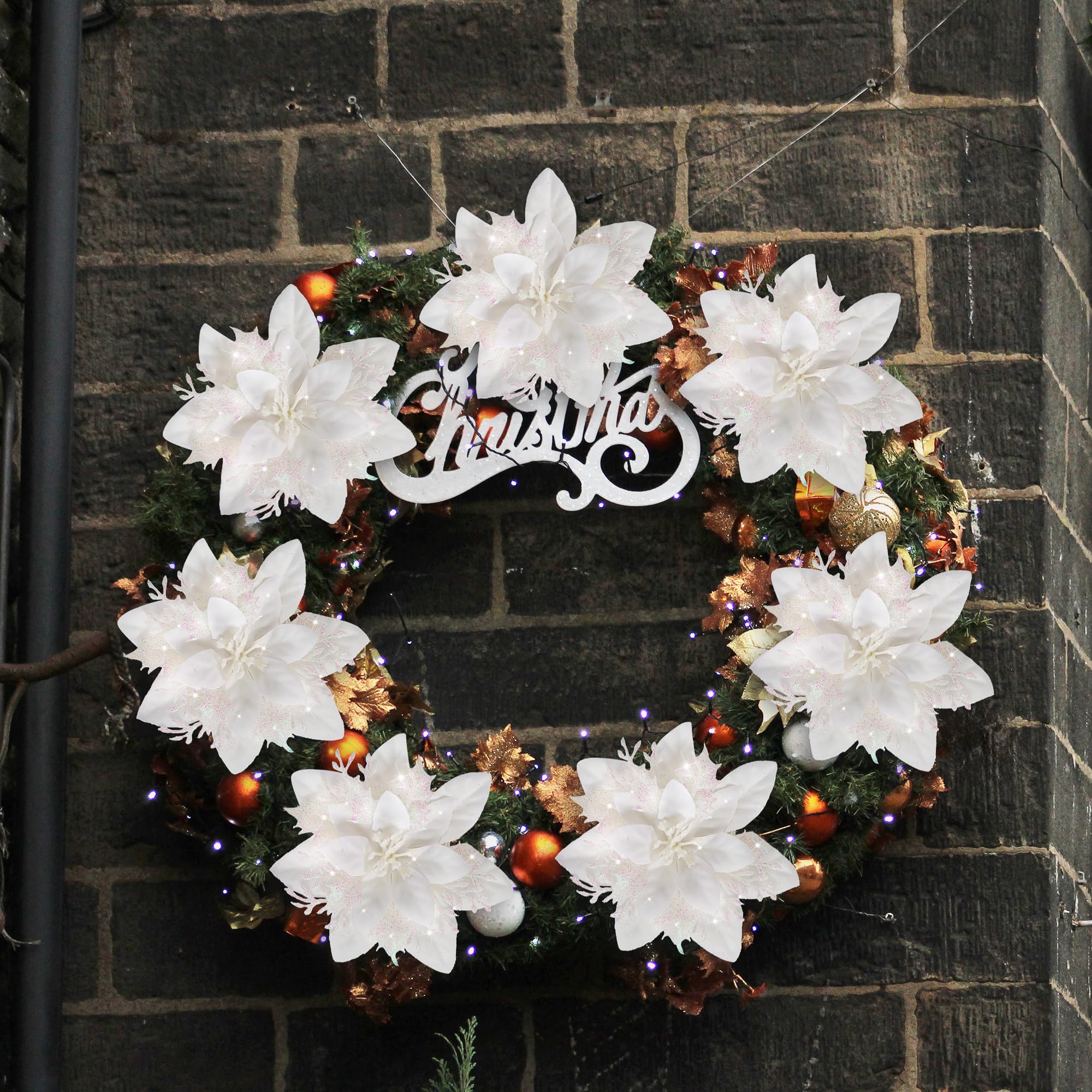 Lot de 10 décorations de Noël, fleurs artificielles scintillantes avec clips, décorations pour sapin de Noël, pendentifs de fleurs artificielles - 8