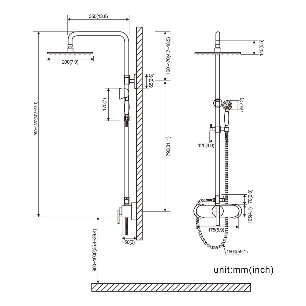 Conjunto de Duche Auralum Max, Coluna de Duche Mecânica, Cobre - Modelo UE - 7