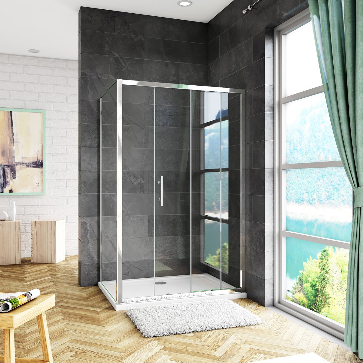 Box Doccia Angolare Alto 185 cm Misura 130x90 cm Porta Scorrevole con Parete Laterale in Vetro Temperato 5 mm Profilo Cromato Lucido - 2