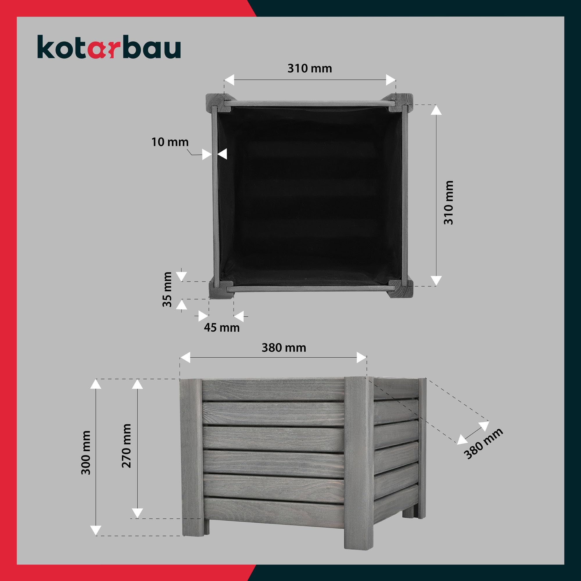 KOTARBAU Pot de fleurs en bois 38 x 38 x 30 cm Jardinière en pin carbonisé Pot de plantes Jardinière - Idéal pour jardin terrasse balcon - Anthracite - 3