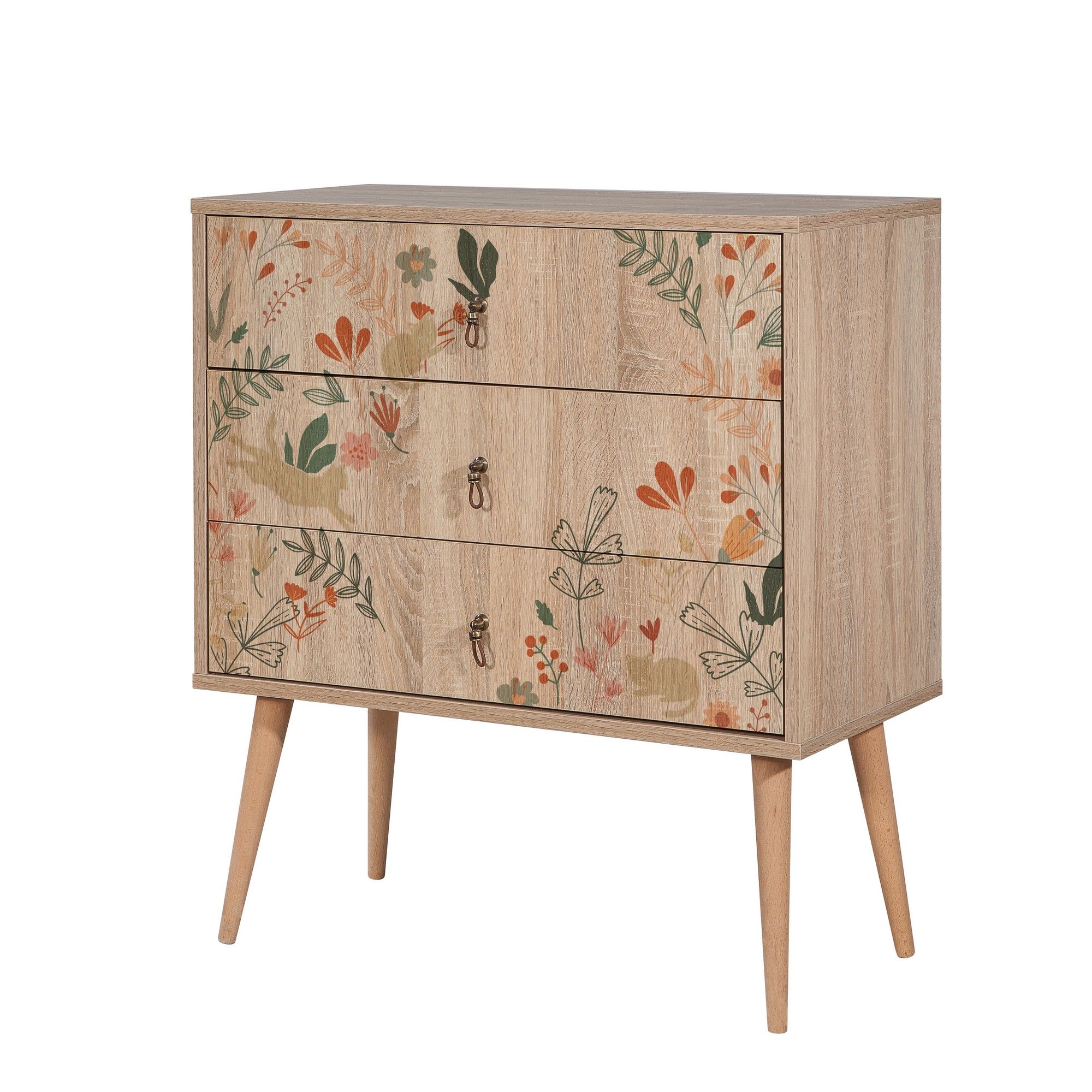 Commode 3 tiroirs Sleek Bois Motif Chats Beige et feuilles Vert et ...