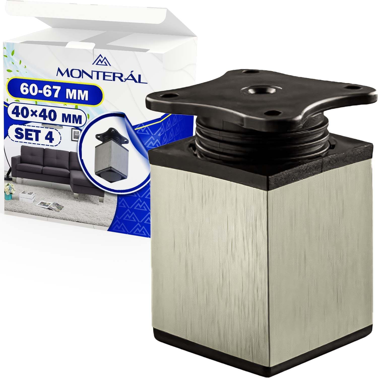 4 picioare reglabile pentru mobilă, 60 mm, extensibile până la 67 mm - Picioare reglabile din oțel, culoare aluminiu