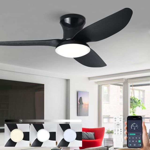 Ventilateur De Plafond Silencieux Avec Lumiere Et Telecommande, Lustre Avec Ventilateur 3 Pales, Dimmable, DC Motor, 6 Vitesses, Noir, 100CM