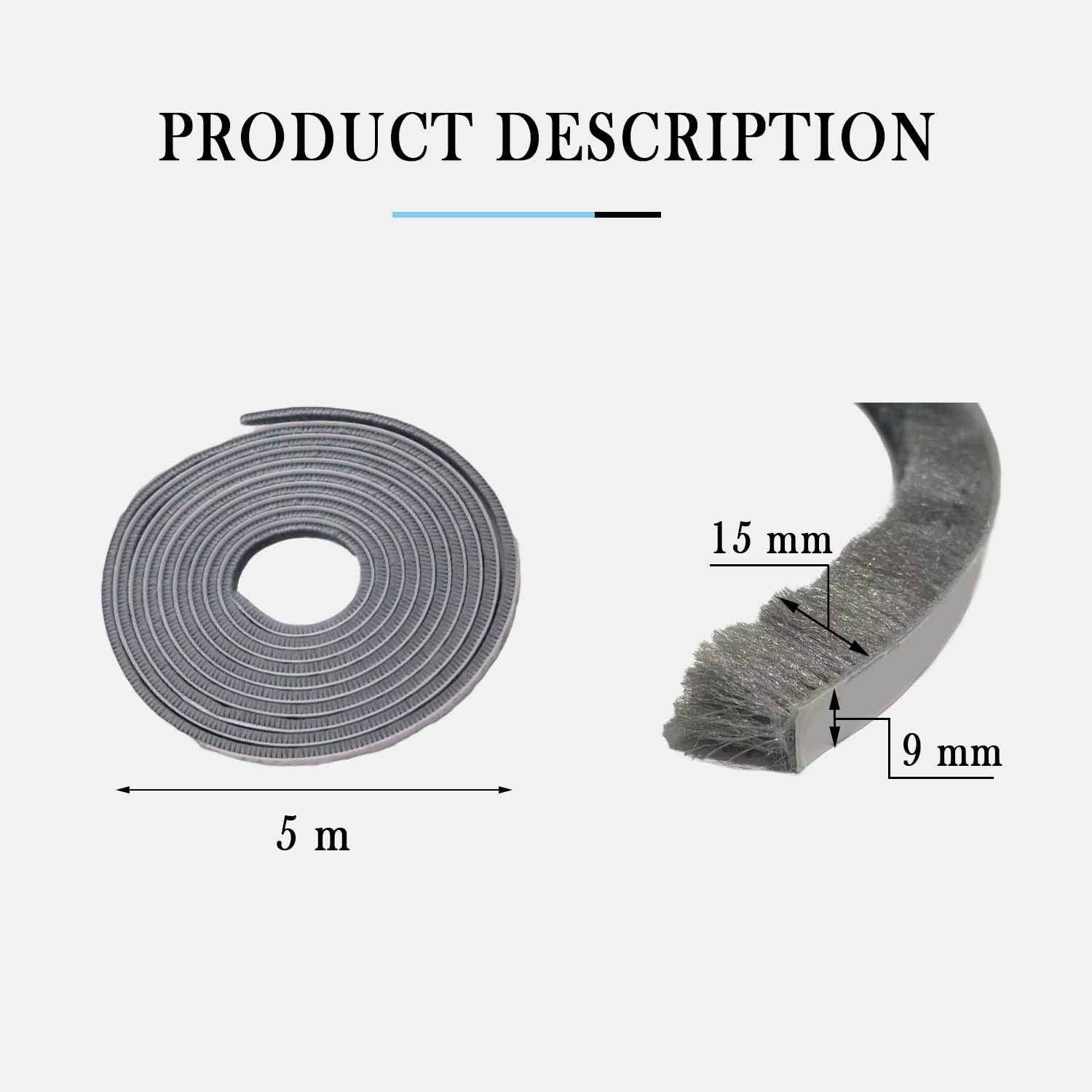 Uszczelka szczotkowa do drzwi, 5 m x 9 mm x 15 mm, szara, uszczelka okienna do drzwi dźwiękoszczelnych, uszczelka szczotkowa z moskitierą - 2