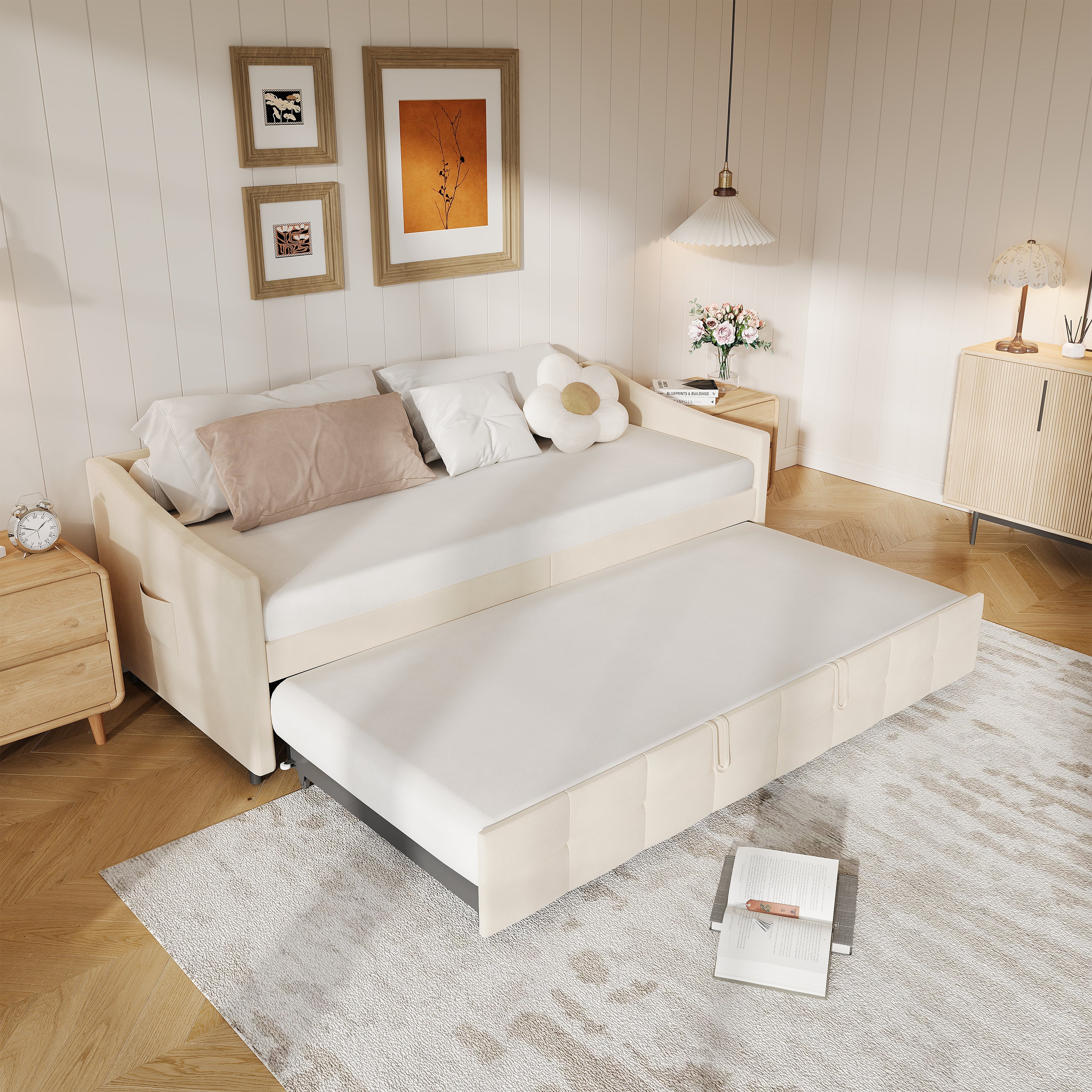 Lit gigogne 90x190/200 cm - avec poches latérales - accoudoirs - cadre à lattes - style scandinave - canapé-lit - Beige - 2