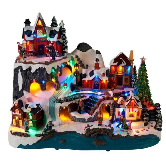 Villaggio sciistico natalizio Well Home con LED e movimento, scena invernale illuminata 45,6x30,5x35,8 cm