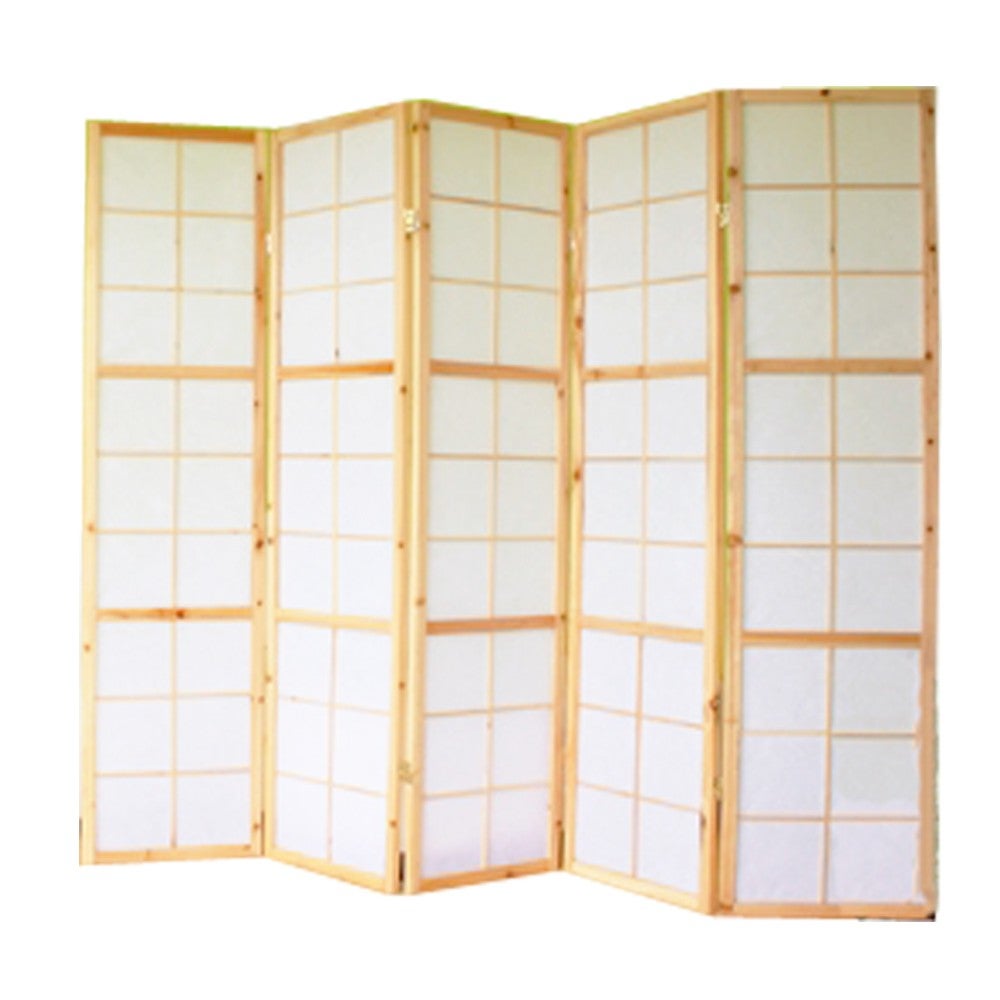 Biombo de 5 paneles en madera natural y papel de arroz 175x220cm par06035