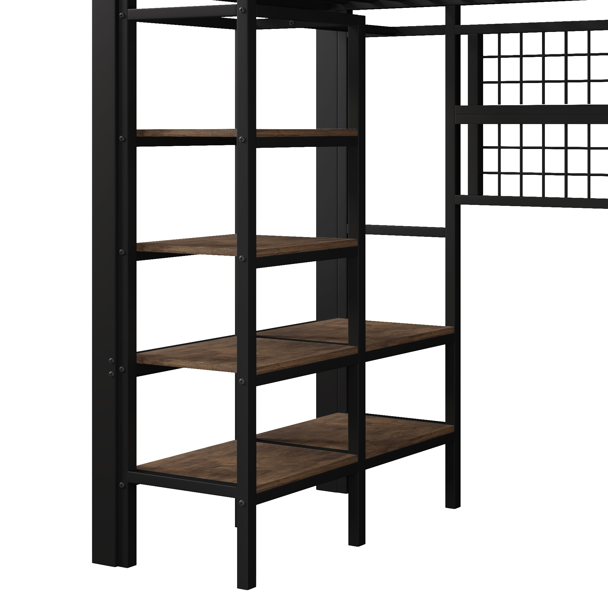 Lit mezzanine 90x200cm multifonction avec rangements, Lit simple avec LED intégrées, filet suspendu et barre pour vêtements, structure métallique Noir - 9