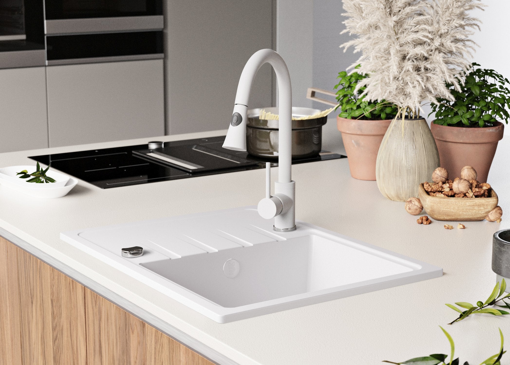 Evier Cuisine en Granit Blanc 62x50cm, Lavabo 1 bac + Kit de Vidage, Évier à Encastrer au meuble 40cm - Milan PRIMAGRAN - 9