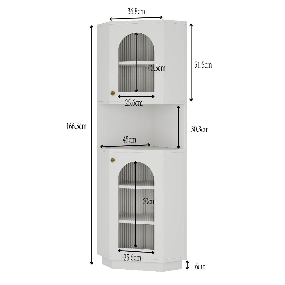 Narożna szafka łazienkowa z 2 drzwiami i 1 wnęką - 45 x 45 x 166,5 cm - Diody LED - Płyta MDF - Regulowane półki - Biała - 3