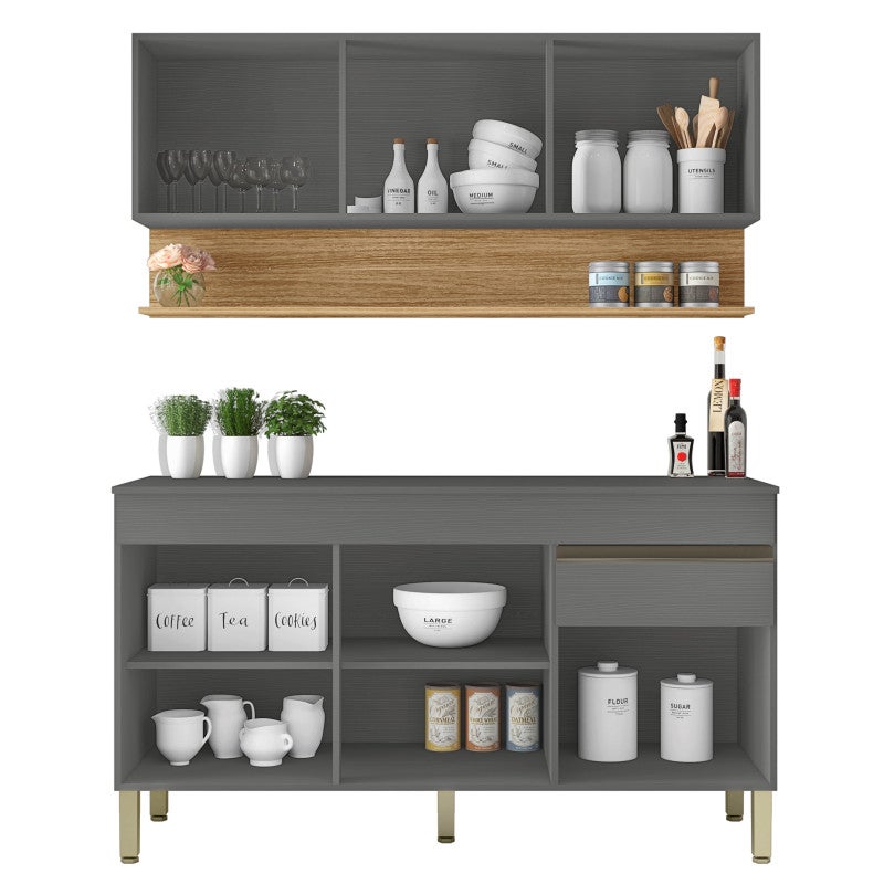 Cuisine Equipée 6 Portes 1 Tiroir Chêne Et Gris L 150 H 200 P 53.3 Cm