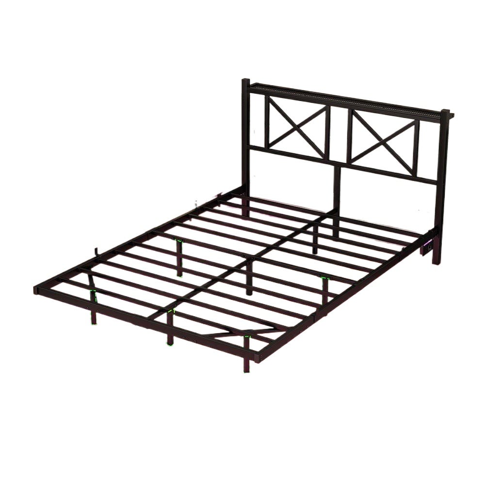Rama łóżka podwójnego z oświetleniem LED i stacją ładującą z zagłówkiem, wisząca rama łóżka, metal - 140 x 200 cm - 6