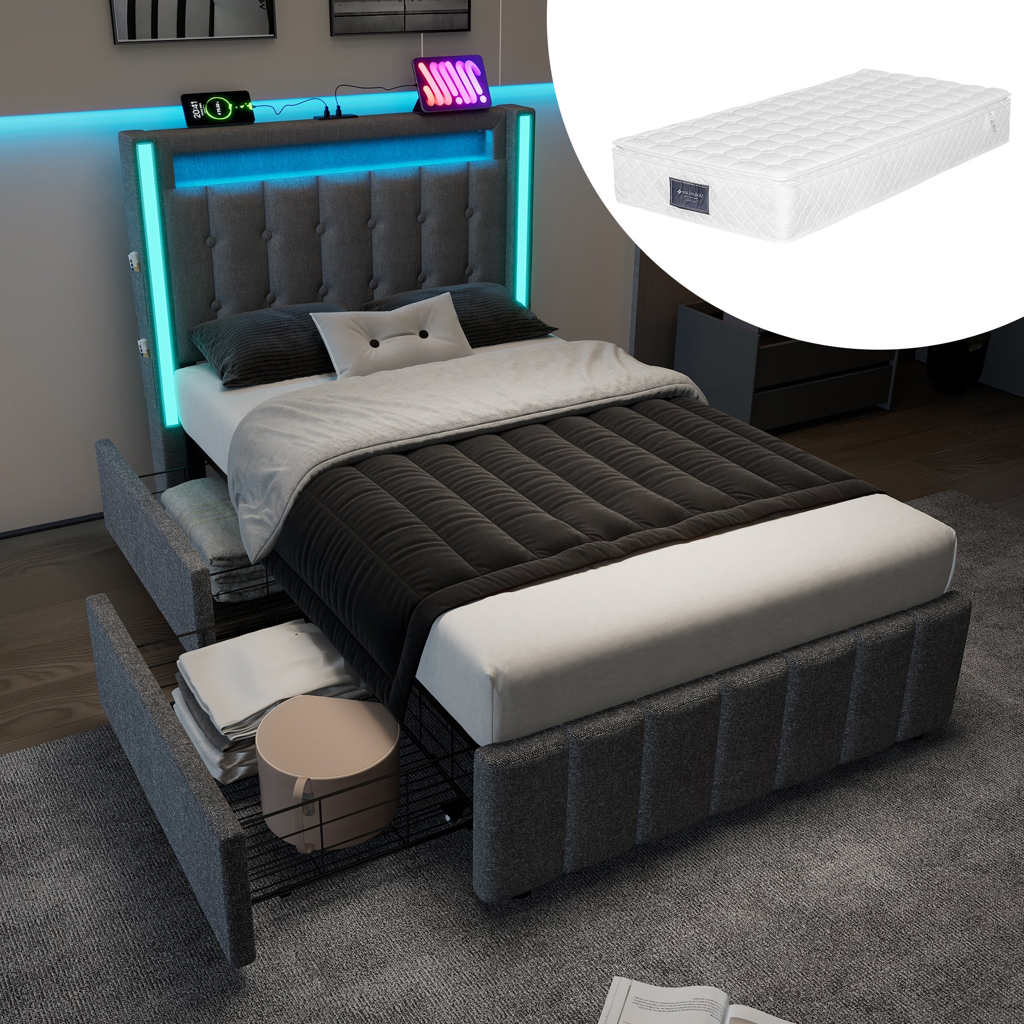 Lit 90x200 cm z materacem i poduszką drewnianą - 2 szuflady do przechowywania - Oświetlenie LED - Porty USB + Type C - Tkanina lnu szara