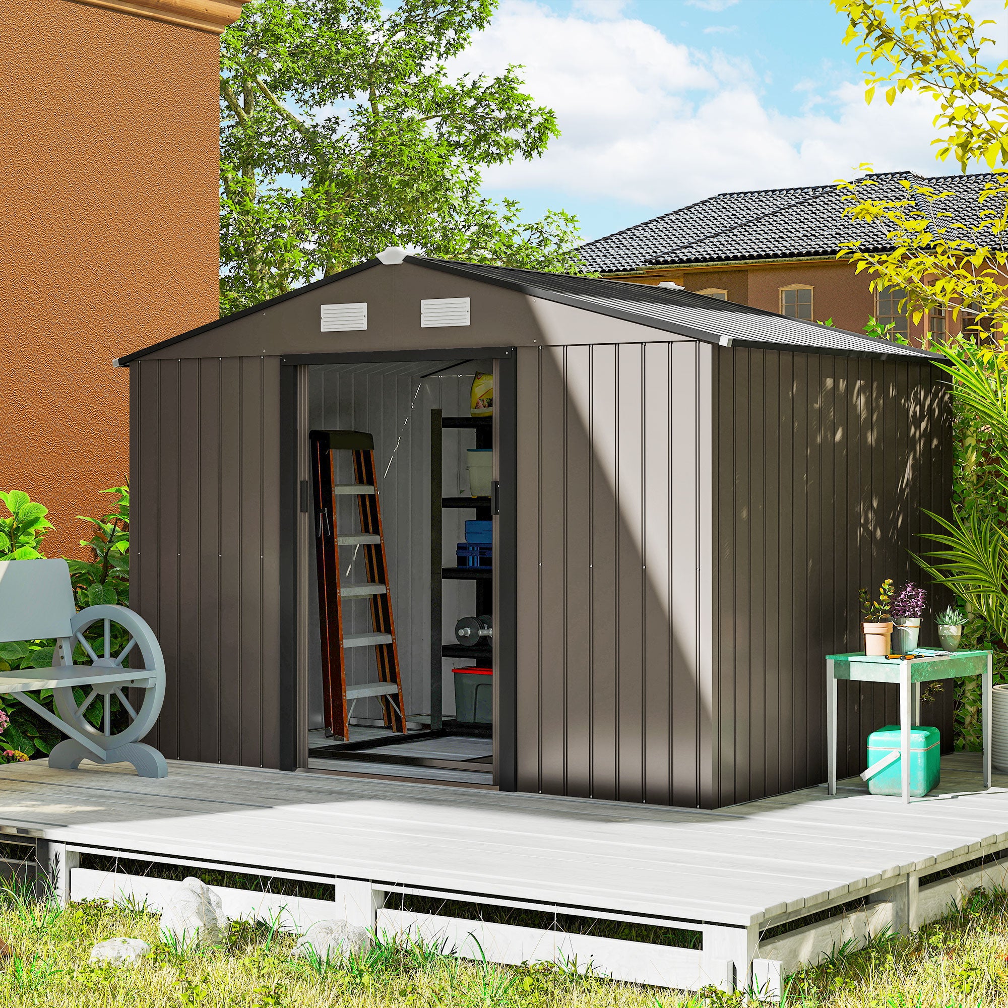 Abri de jardin - Outsunny - 5,4m² - kit de fondation, porte coulissante verrouillables 4 aérations - 277x195x192cm - marron - 2