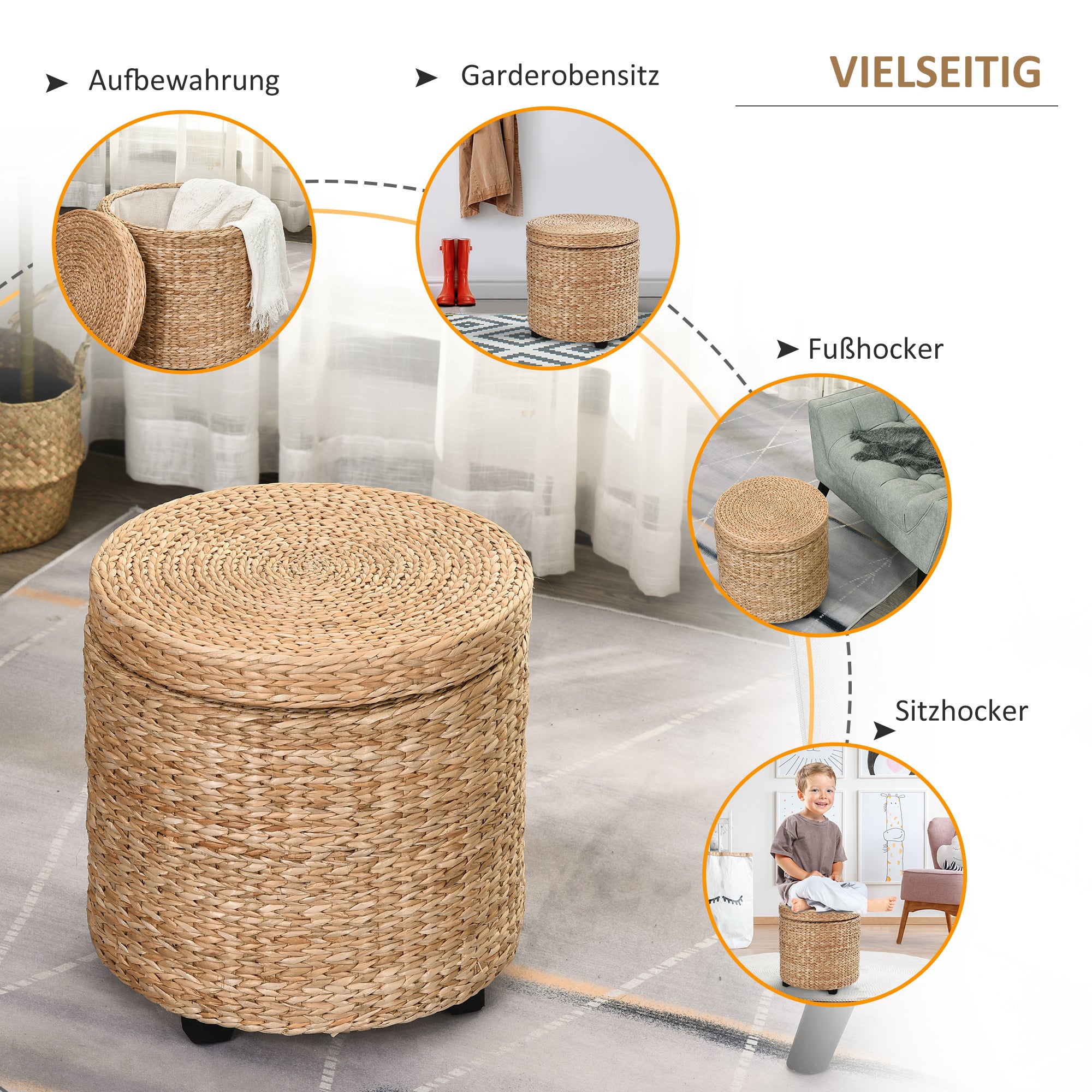 Pouf contenitore in rattan rotondo con coperchio rimovibile, poggiapiedi multifunzione, Ø43x43 cm, colore kaki - 5
