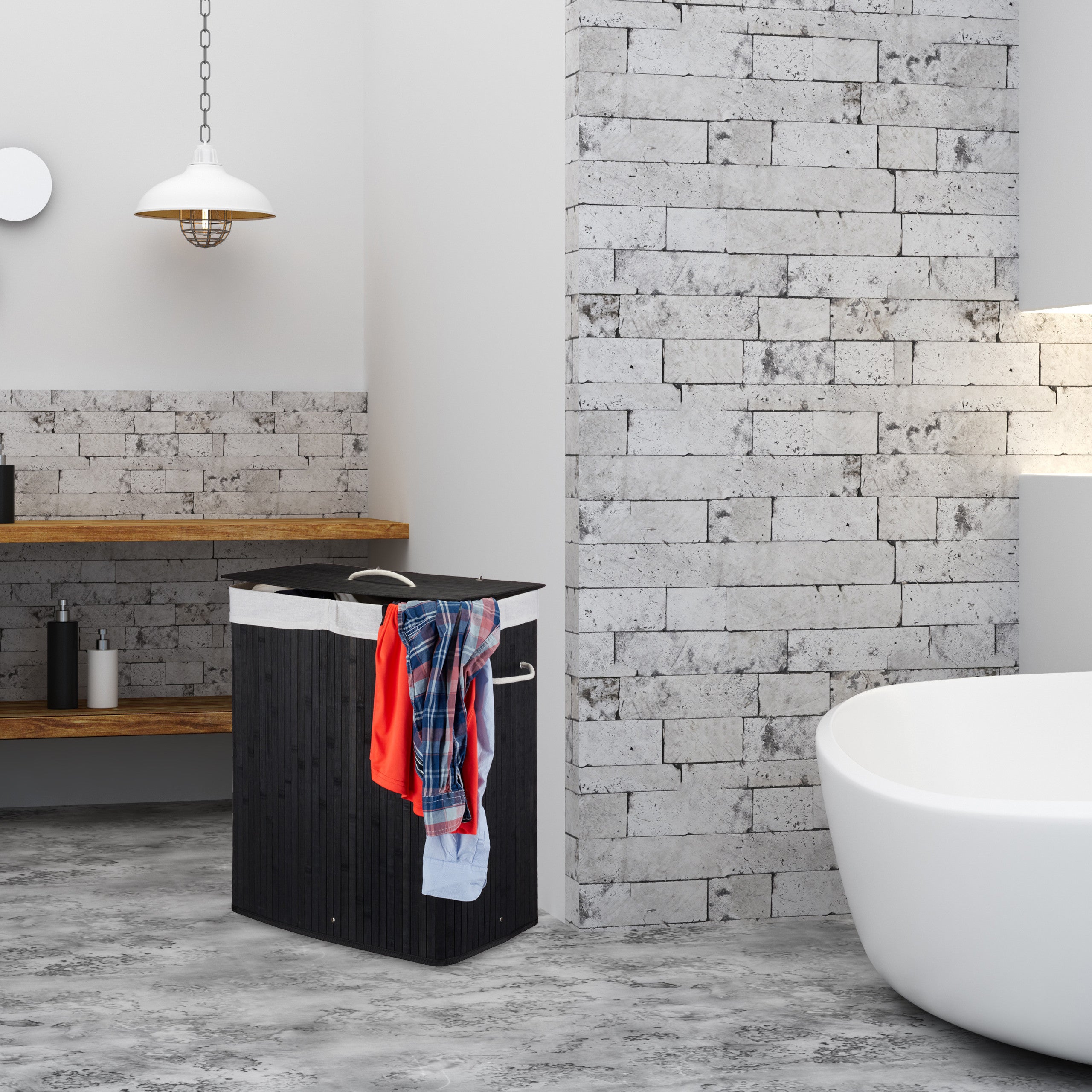 Corbeille à linge bambou, Panier à linge 2 compartiments, coffre pliable couvercle 95 litres, nature, Relaxdays - 5