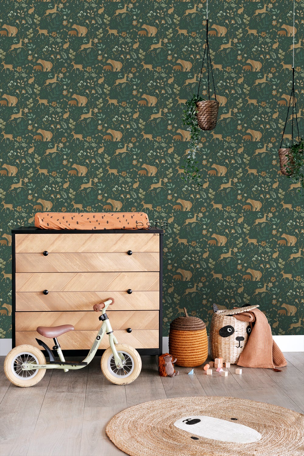 Papier peint forêt avec des animaux de la forêt vert foncé et beige - 53 cm x 10.05 m - ESTAhome - 4