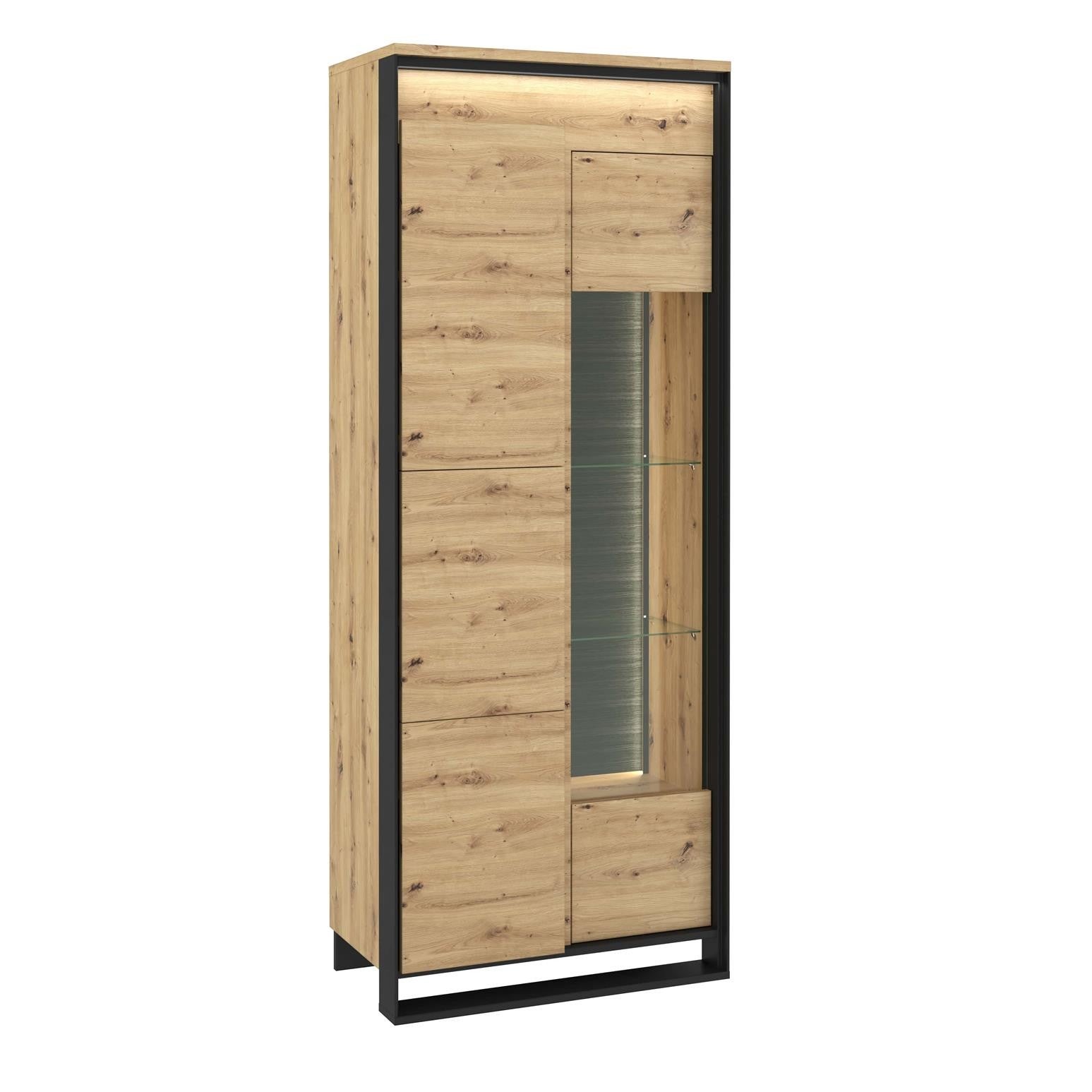 Witryna dwudrzwiowa QUARO z przeszklonym frontem i LED – dąb artisan, elegancja