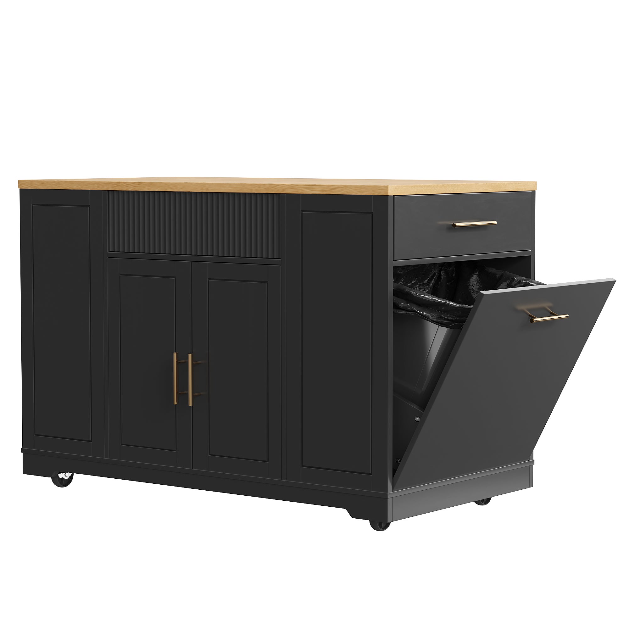 Îlot central de cuisine mobile avec 2 portes, 3 tiroirs et compartiment poubelle - 120 x 50 x 92 cm - MDF + Métal - Noir - 7