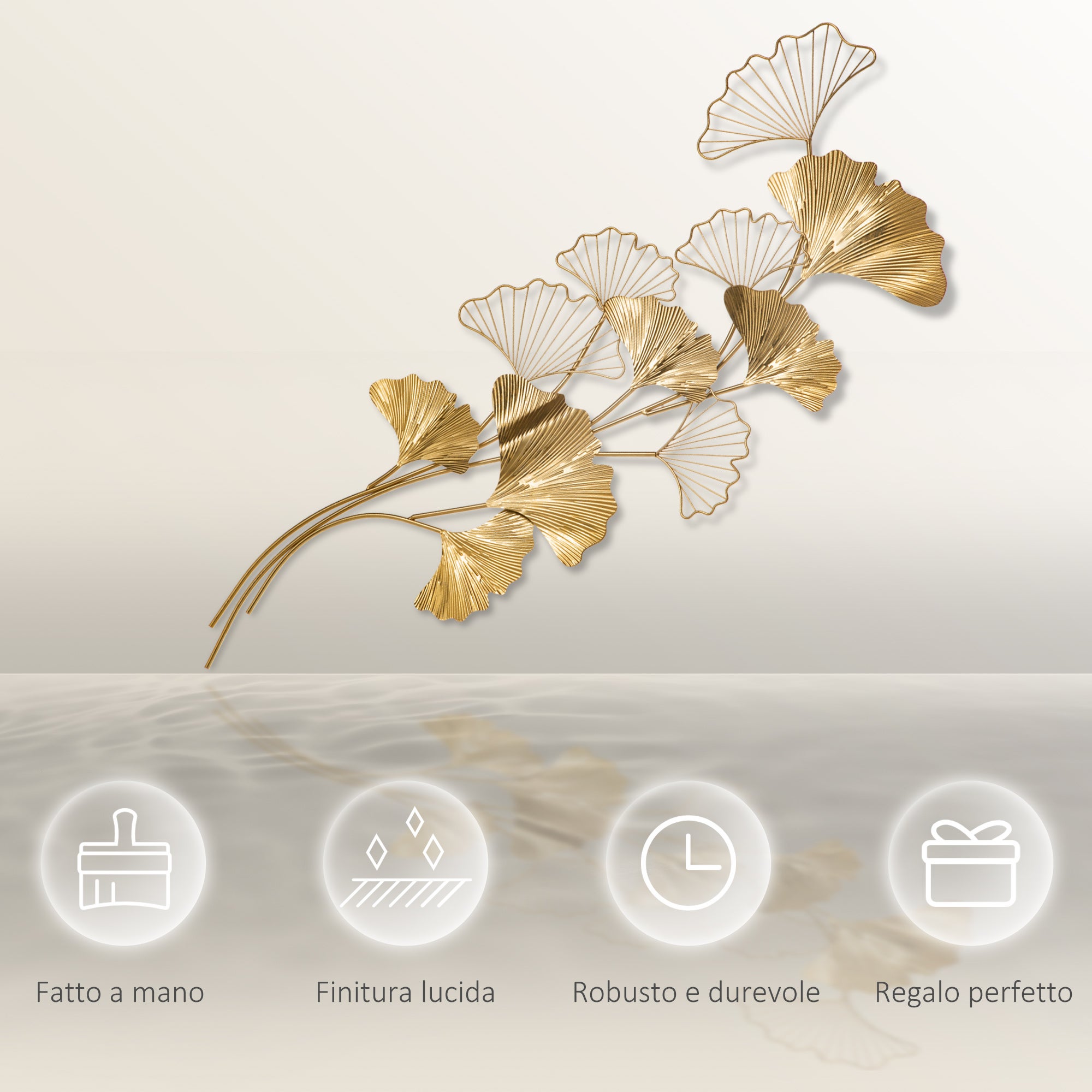 HOMCOM Decorazione Murale 3D in Metallo, Wall Art Dorata con Foglie di Ginkgo 138x70cm - 6