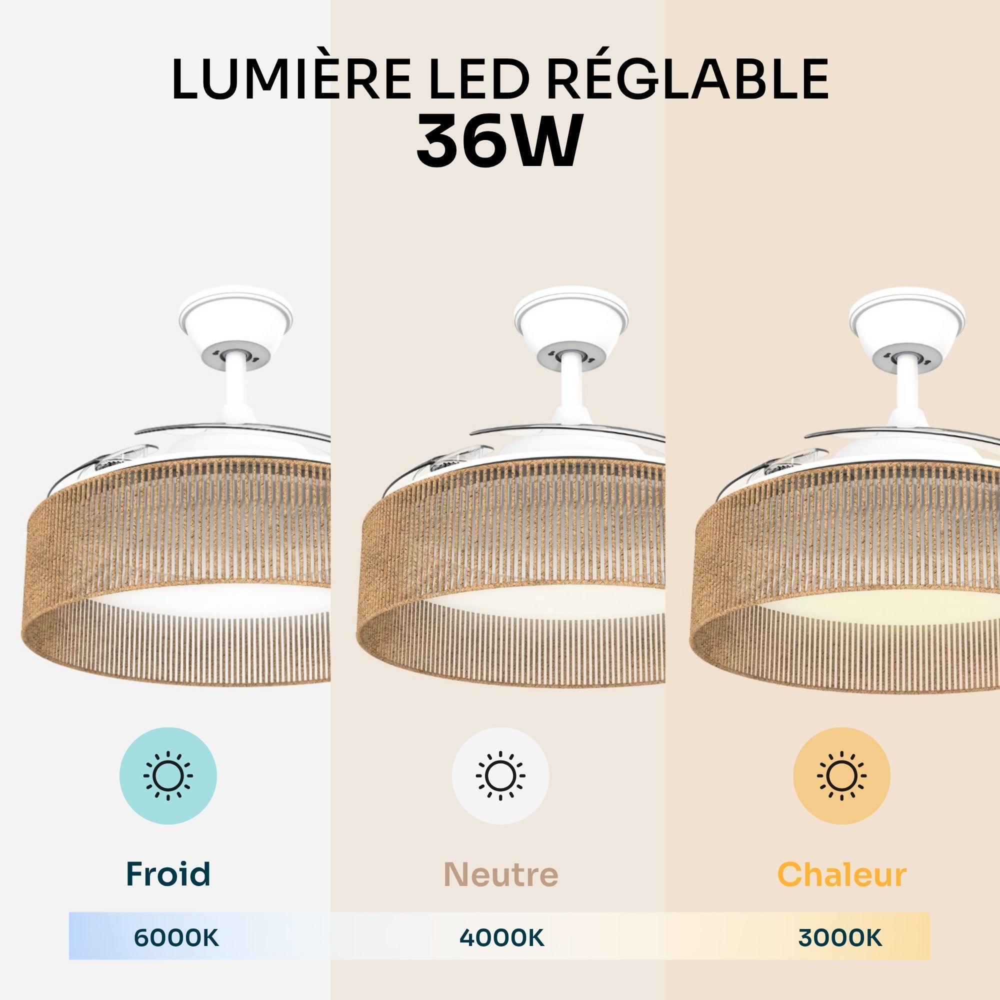 Ventilateur de plafond avec lumière LED réglable Mellerware - Brizy Bright Rattan, minuterie jusqu'à 8h, compatible avec plafonds inclinés. - 5