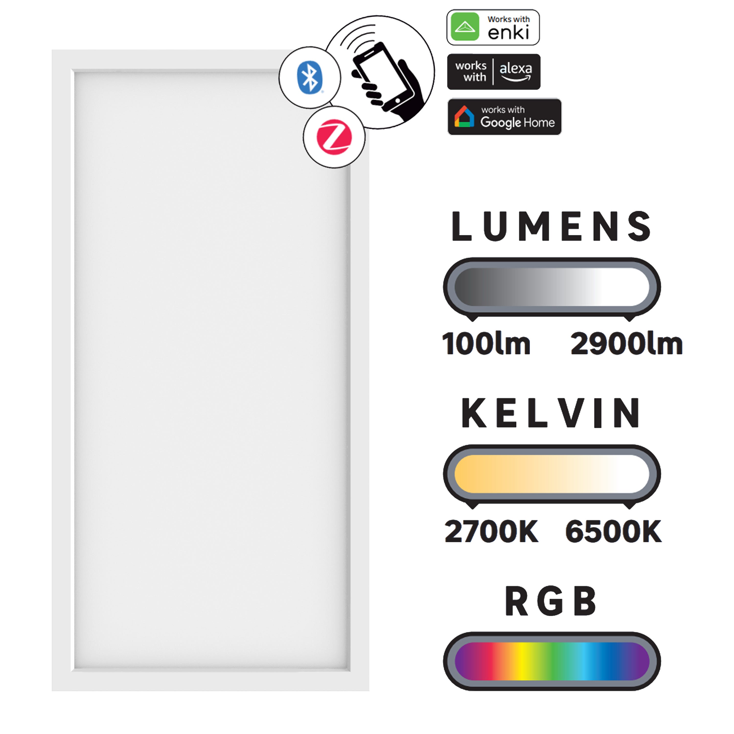 INSPIRE - Pannello LED GDANSK connesso - 30 x 60 cm - Pannello led dimmerabile RGB - Luce LED multicolore - Da 100 a 2900 LM - Da 2700K a 6500 K - - 6