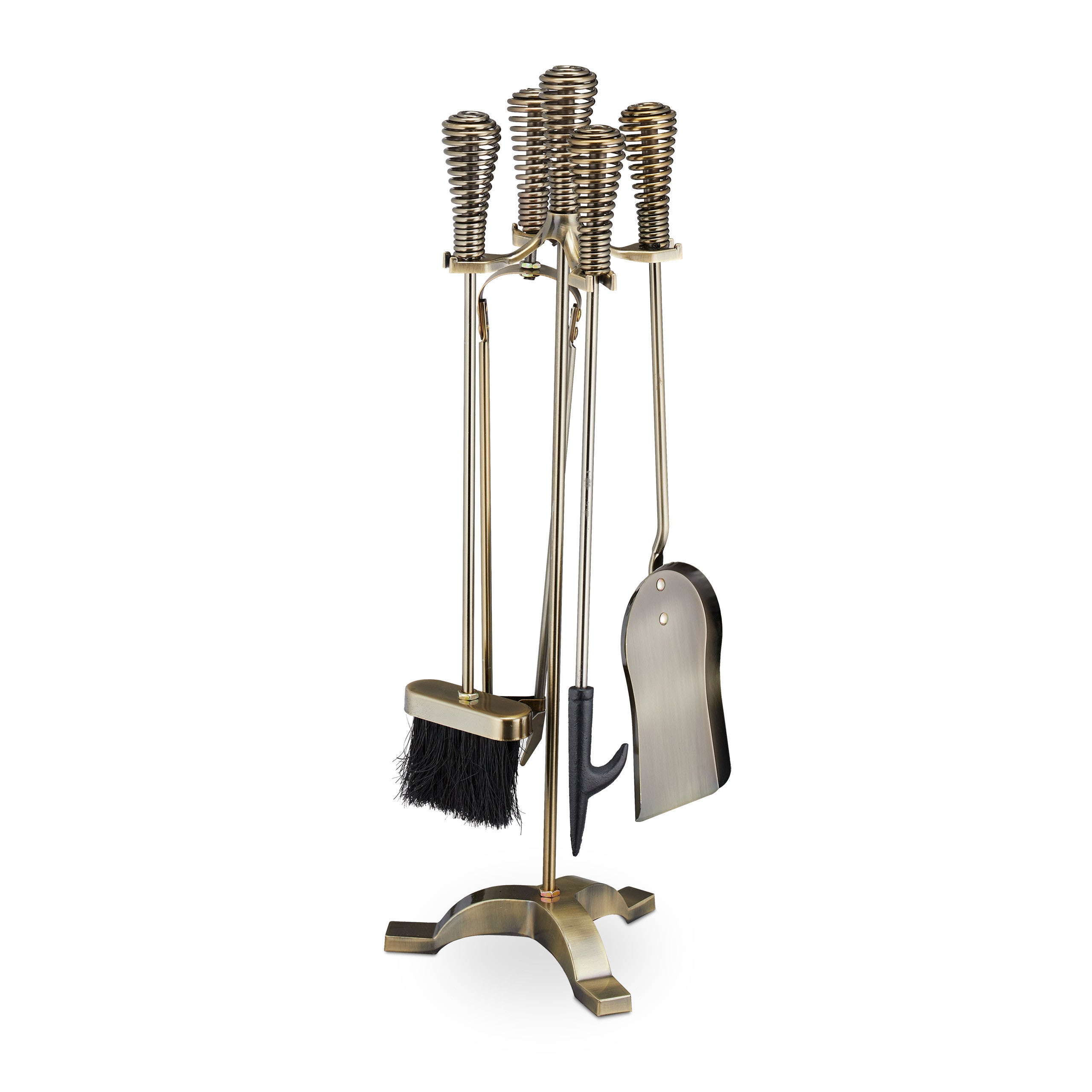Relaxdays Set Attrezzi Da Camino, 5 Accessori Con Attizzatoio Paletta Scopino Pinza E Supporto Porta Utensili Dorato 84622664 - 5