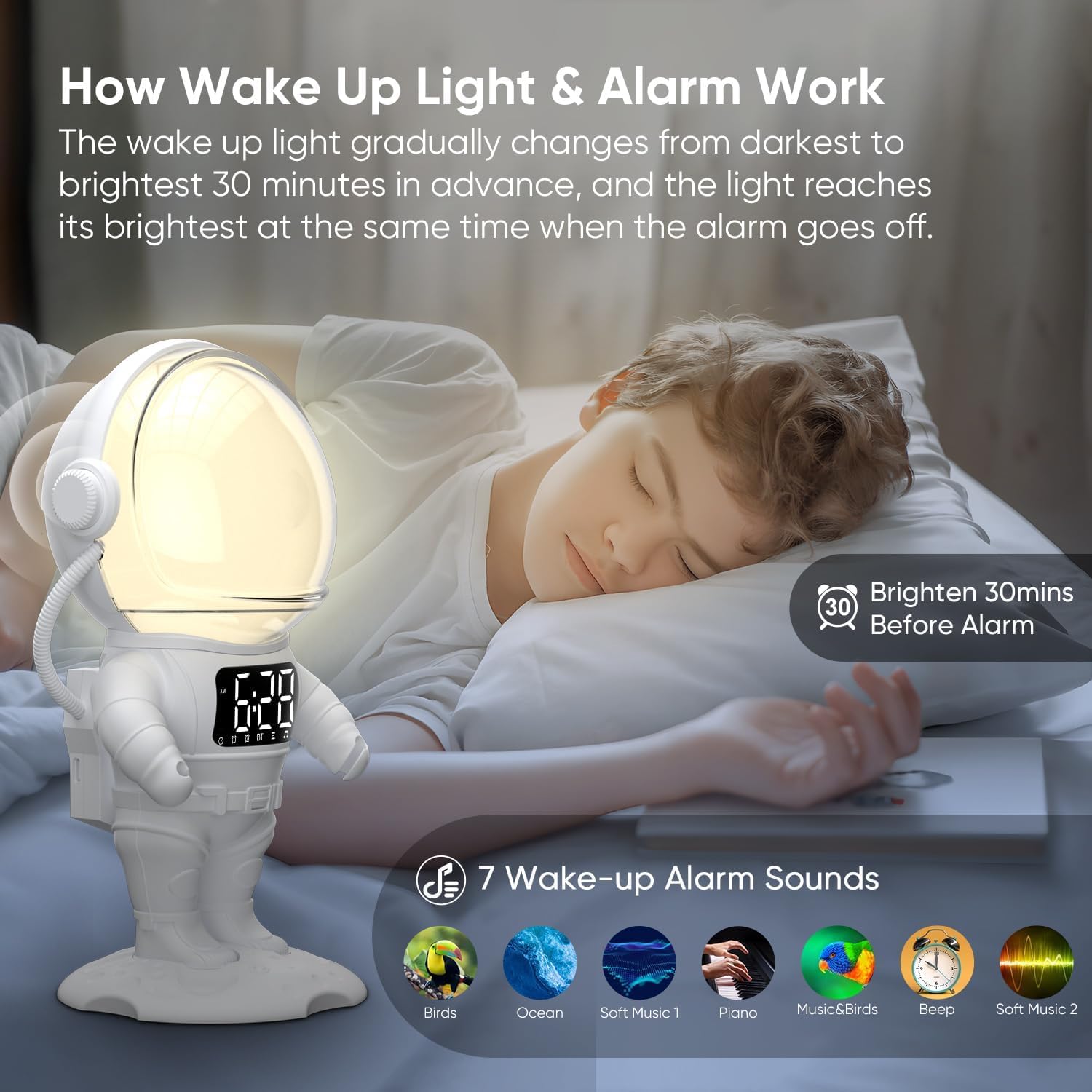 Réveil Enfant, Lampe de Réveil avec 7 Sonneries, 21 Sons Apaisants et Minuterie, Réveil Lumineux Enceinte Bluetooth, Lampe de Chevet Multicolore - 6