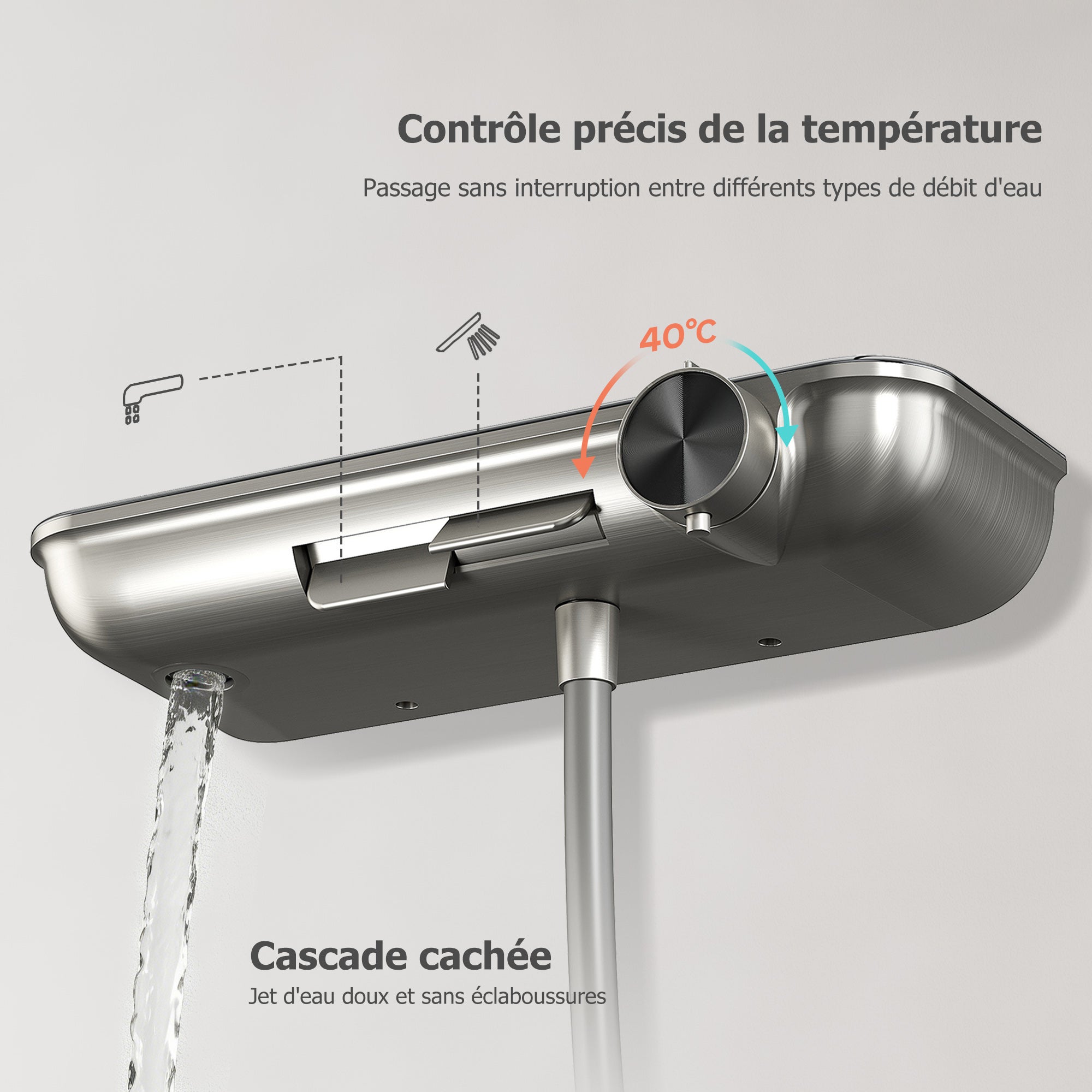 HOROW Ensemble de douche à effet pluie gris, avec Robinetterie Thermostatique, 4 modes de massage, pliable, réglable en hauteur - 7