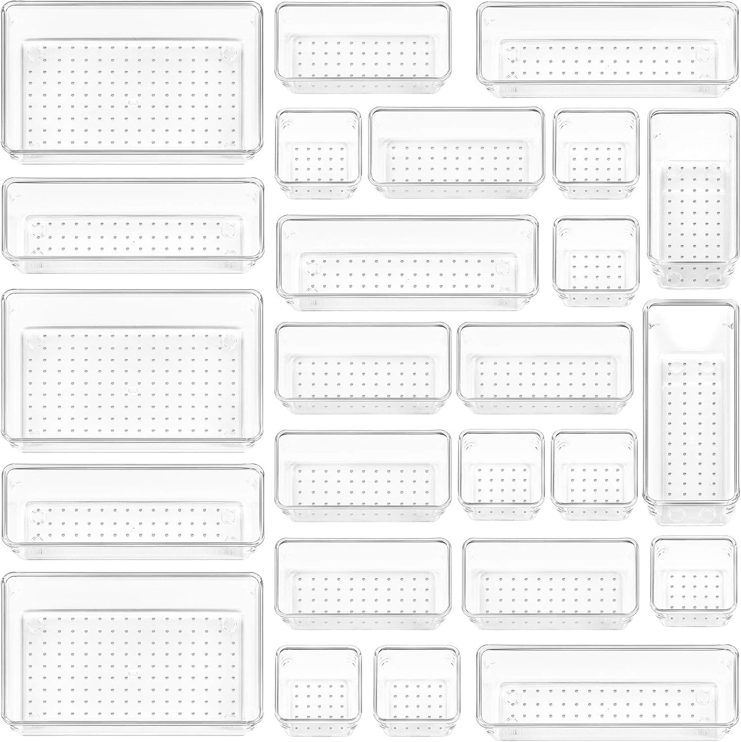 Zestaw 25 Organizerów do Szuflad – 4 Rozmiary, Przezroczysty Plastikowy Organizer do Szuflady – Idealny do Łazienki, Toaletki, Biura, Kuchni