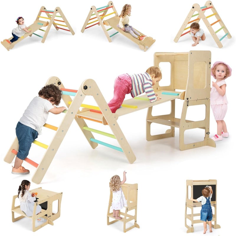 7 w 1 Zjeżdżalnia – Trójkąt do Wspinania Montesorri, Drabinka Przekształcalna, Tablica Czarna, Stół, Krzesło, dla Dzieci w Wieku 3-14 Lat, Kolorowa