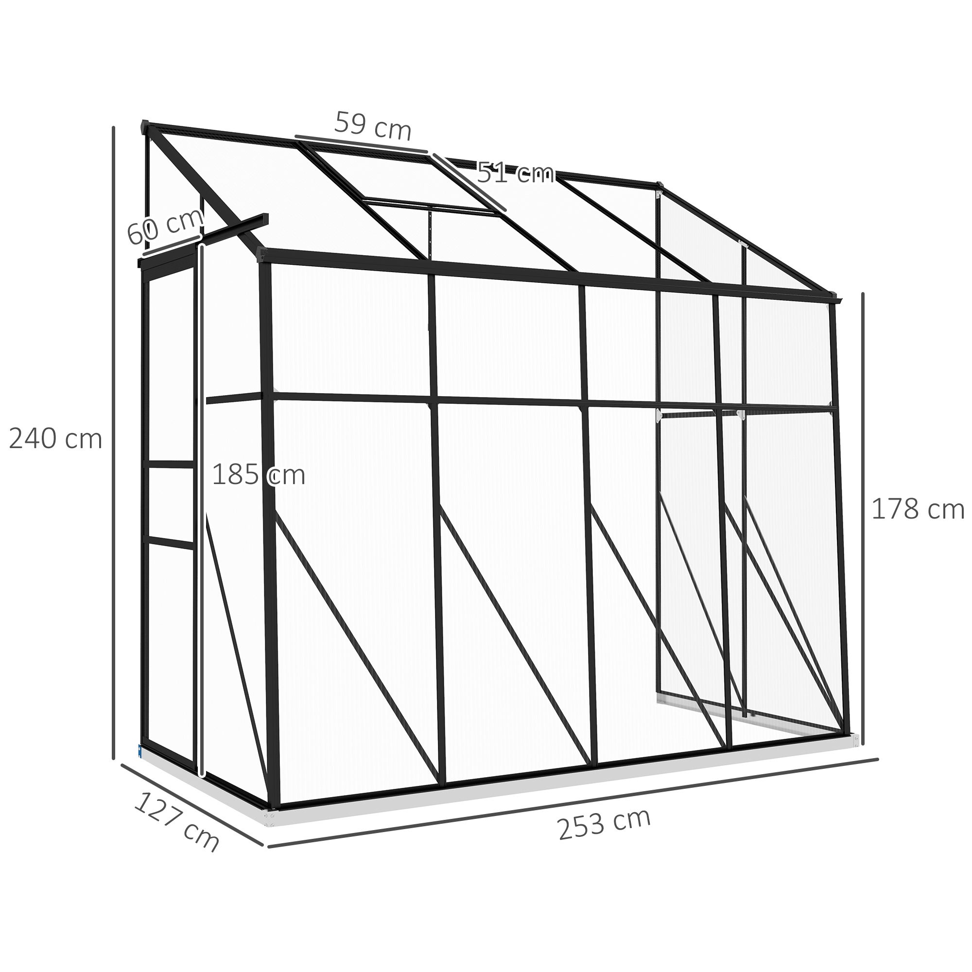 Serre adossée, serre de jardin polycarbonate, avec porte coulissante, évent de toit, fondation, 127 x 253 x 240 cm noir - 4
