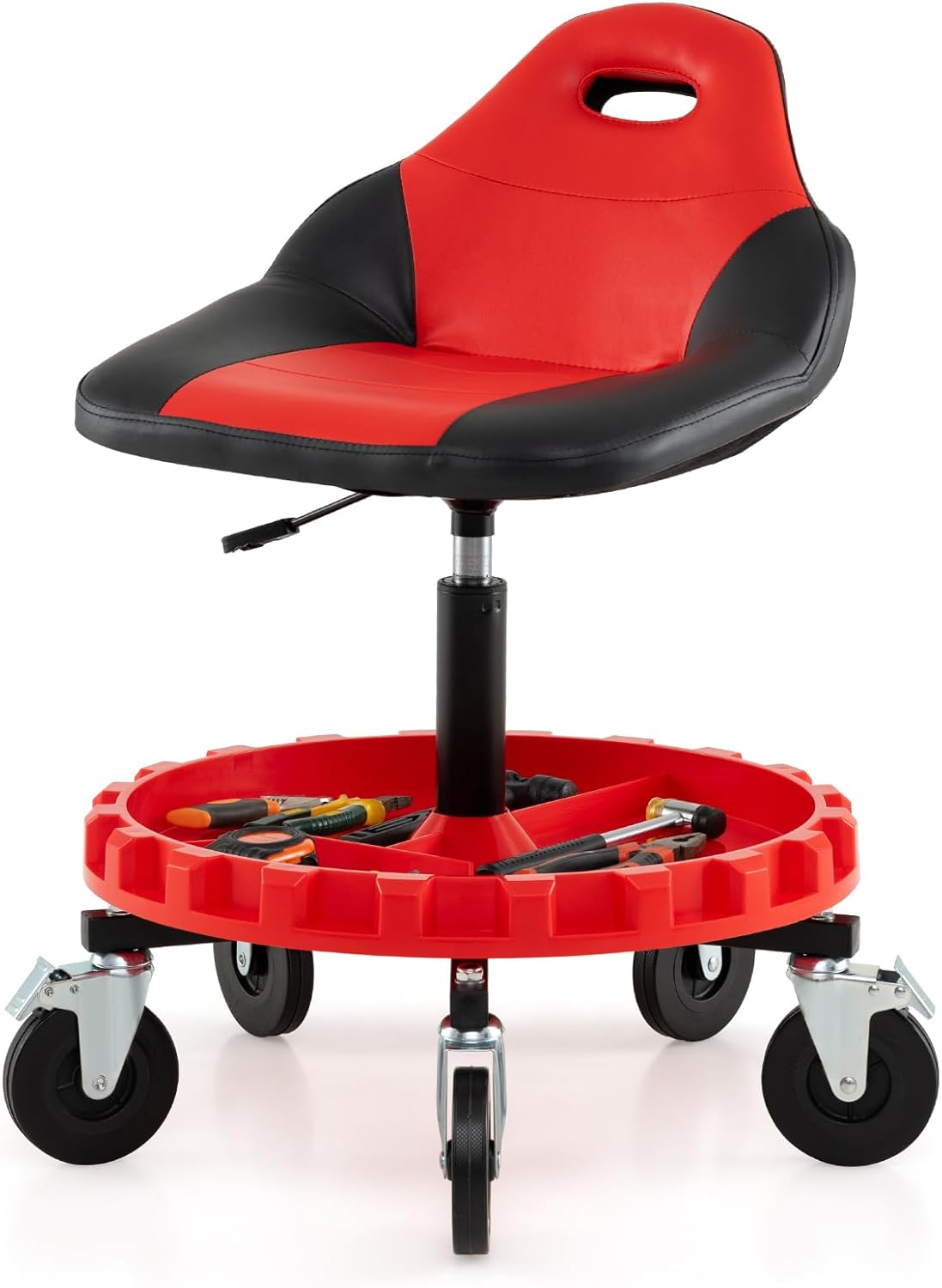 Stołek Warsztatowy dla Mechanika, Obrotowe Siedzisko z Wyściółką, Regulowana Wysokość 71–83 cm, Regały na Narzędzia, 5 Uniwersalnych Kółek z Blokadą