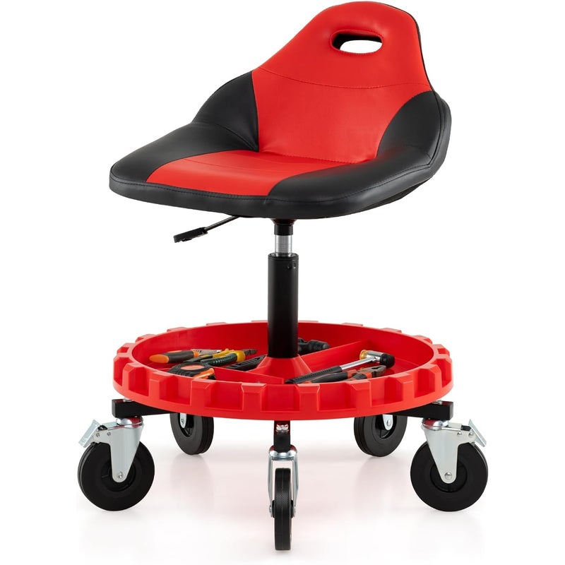 Stołek Warsztatowy dla Mechanika, Obrotowe Siedzisko z Wyściółką, Regulowana Wysokość 71–83 cm, Regały na Narzędzia, 5 Uniwersalnych Kółek z Blokadą