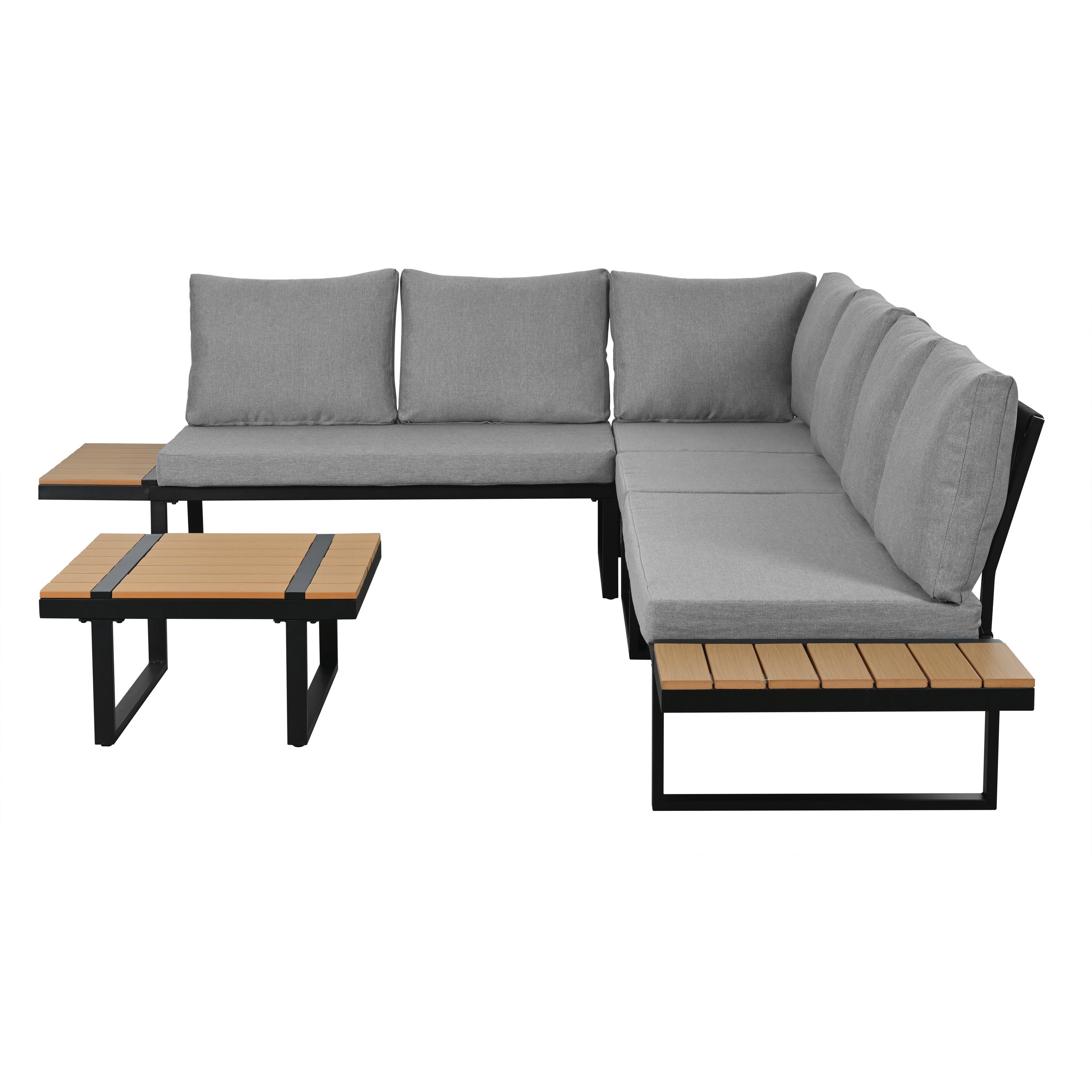 Salon de jardin - ensemble de meubles - 6 places - en acier galvanisé - canapé d'angle - avec table basse - plateau en bois plastique - Gris - 5