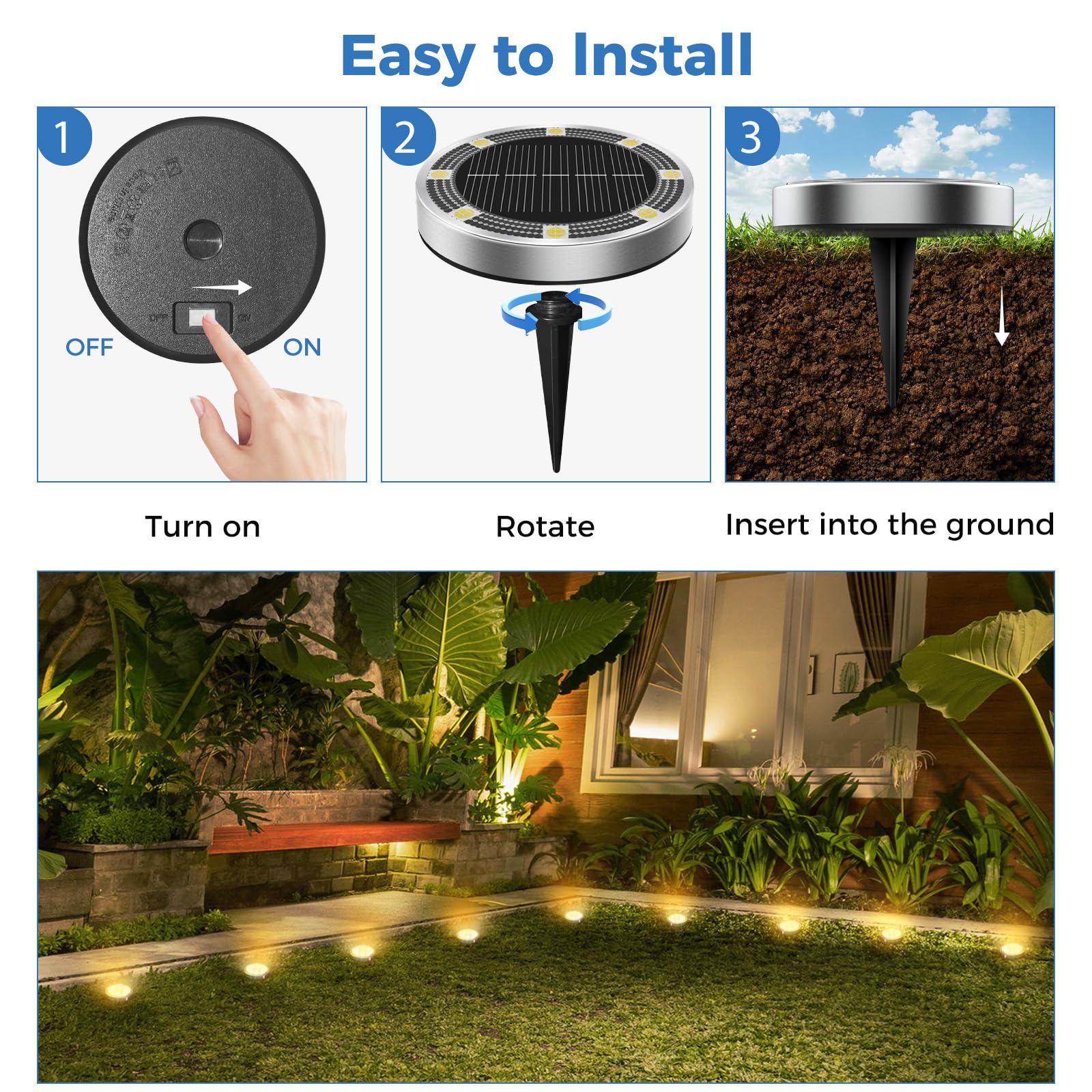 Lumiere Solaire Au Sol Lot de 4, Lampe Solaire Exterieur Jardin 8 LED, Étanche Spot Solaire Extérieur pour Chemins Allée Pelouse Terrasse Cour - 4