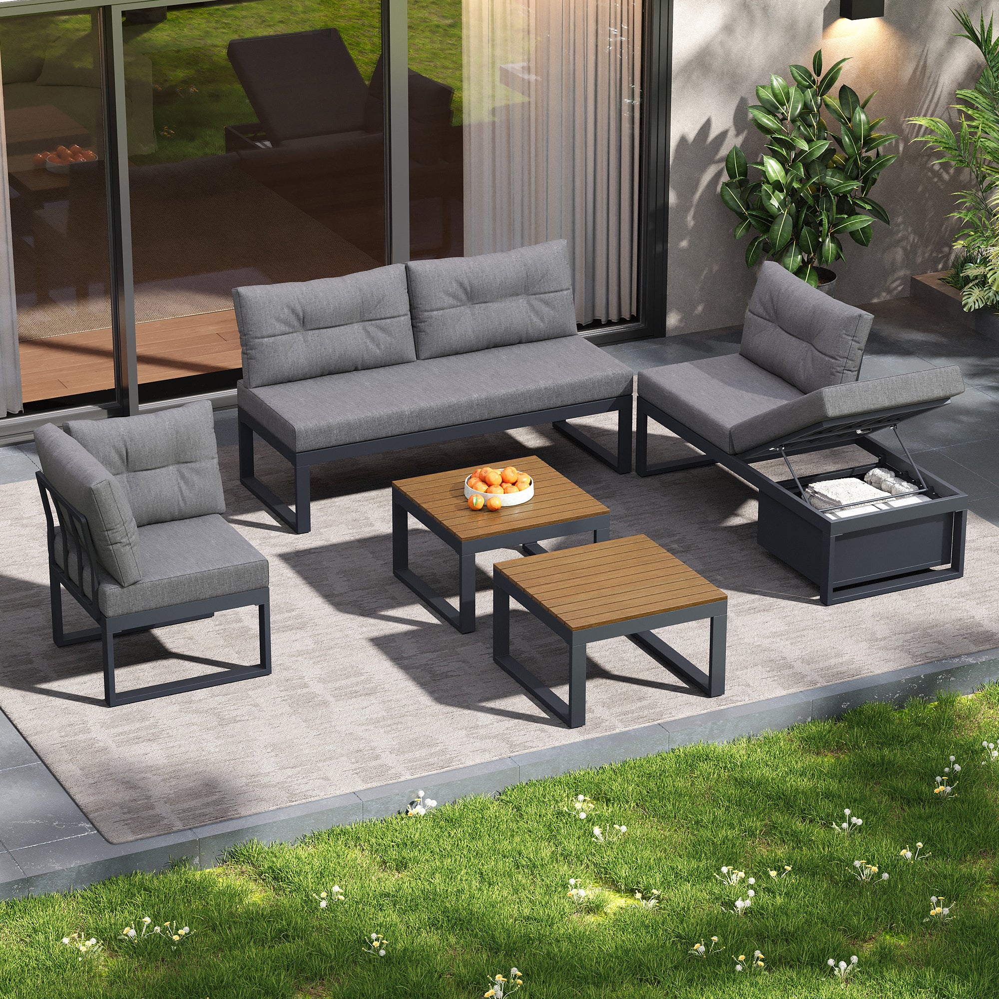 Salon de Jardin Modulable 5 Places, Dossier Réglable 3 Positions, Fer ...