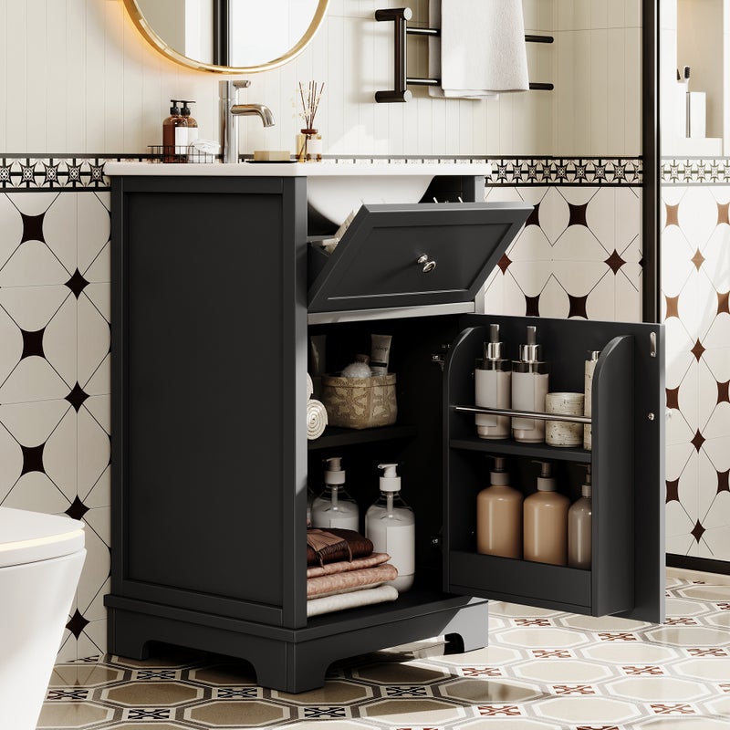Szafka łazienkowa pod umywalkę, niska szafka z umywalką ceramiczną i 2 drzwiami - 51 x 46 x 87 cm - MDF - Czarny