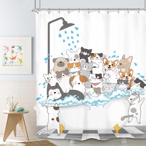 Tenda Da Doccia Con Gatti, Impermeabile In Poliestere, 200x180 Cm, Ganci Inclusi