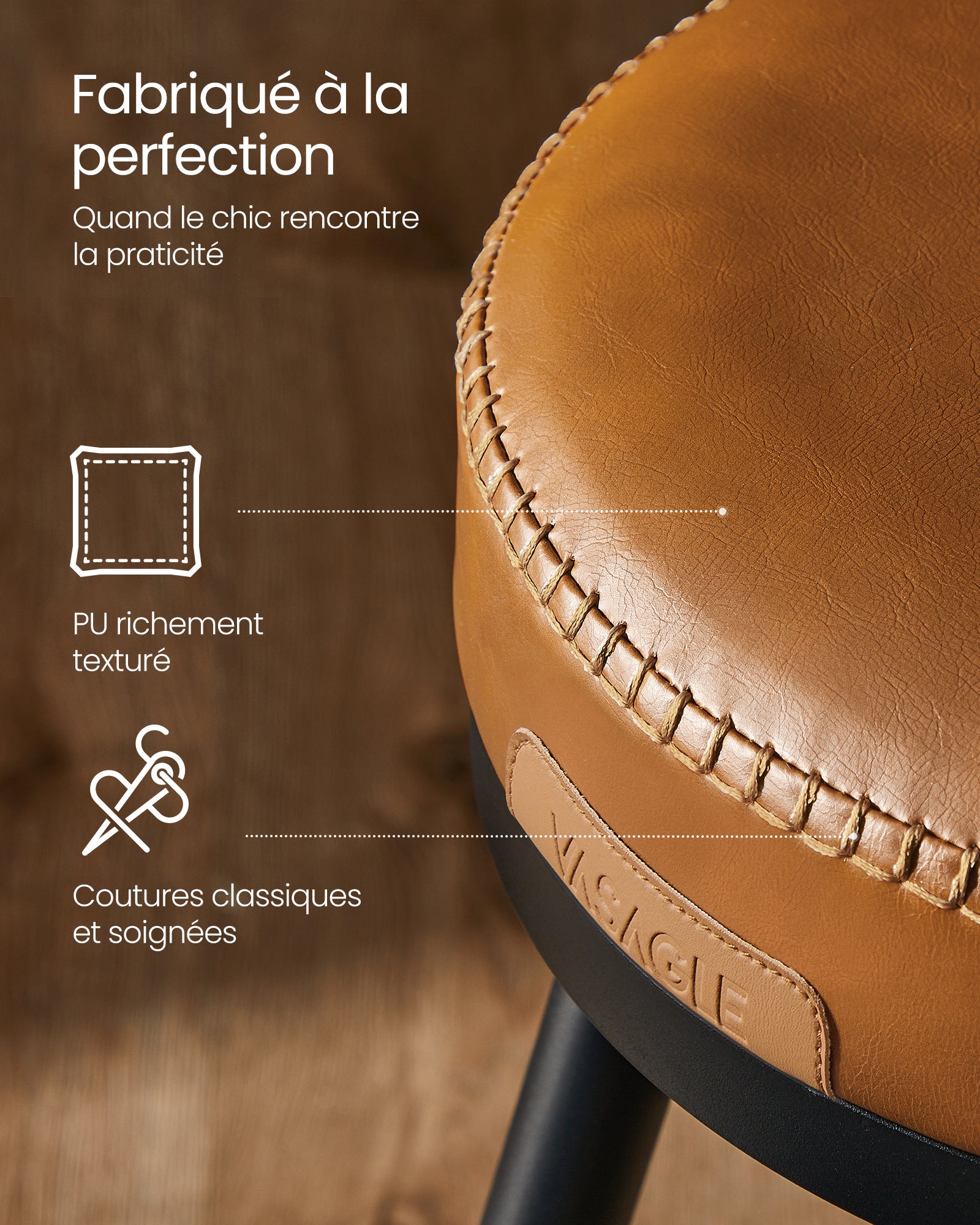 Tabouret de Bar, Lot de 2, Siège Rembourré, PU avec Coutures, Style Moderne Mi-siècle, Hauteur 65 cm, Marron Caramel - 3